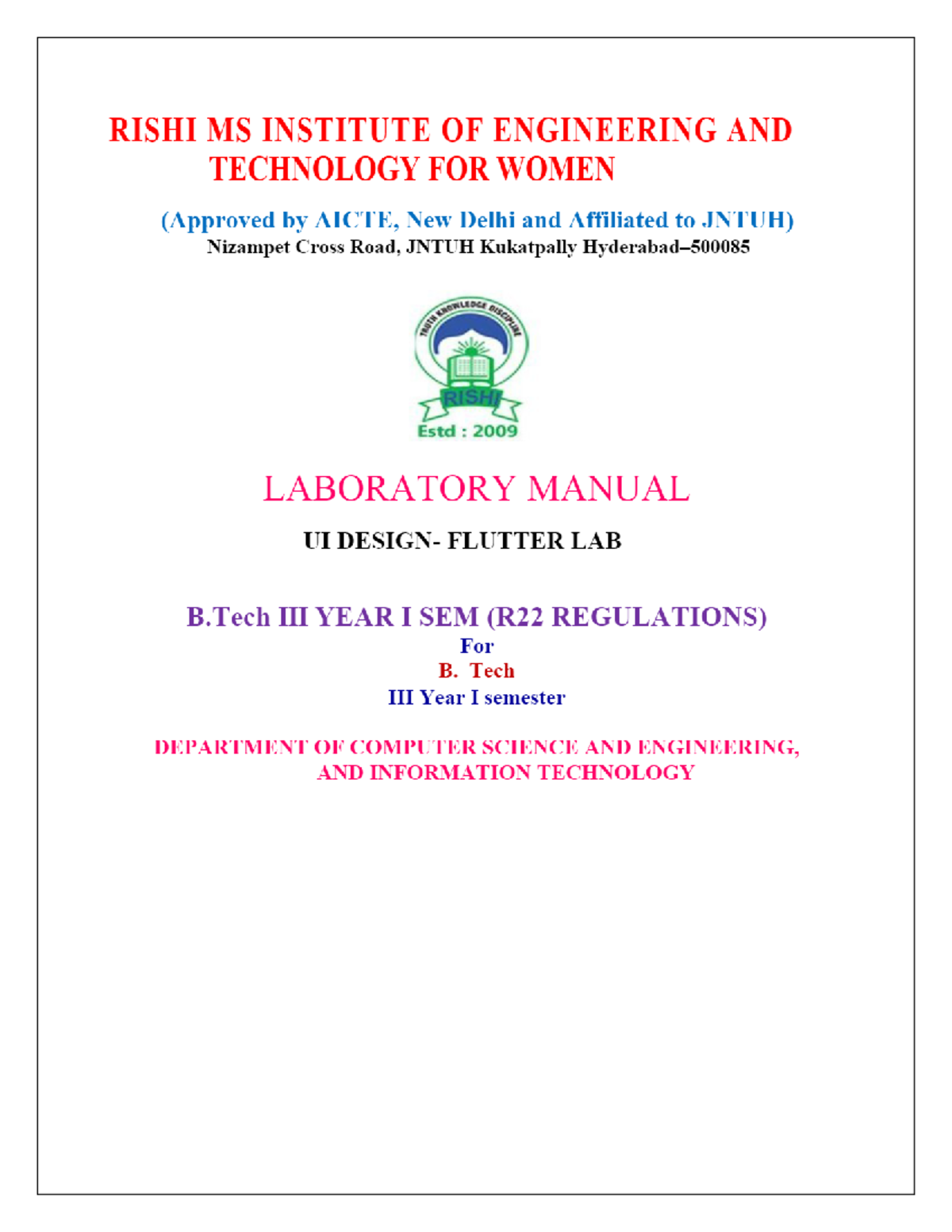 Flutter Lab Manual for B.Tech I Sem (R22 Regulations) - Studocu