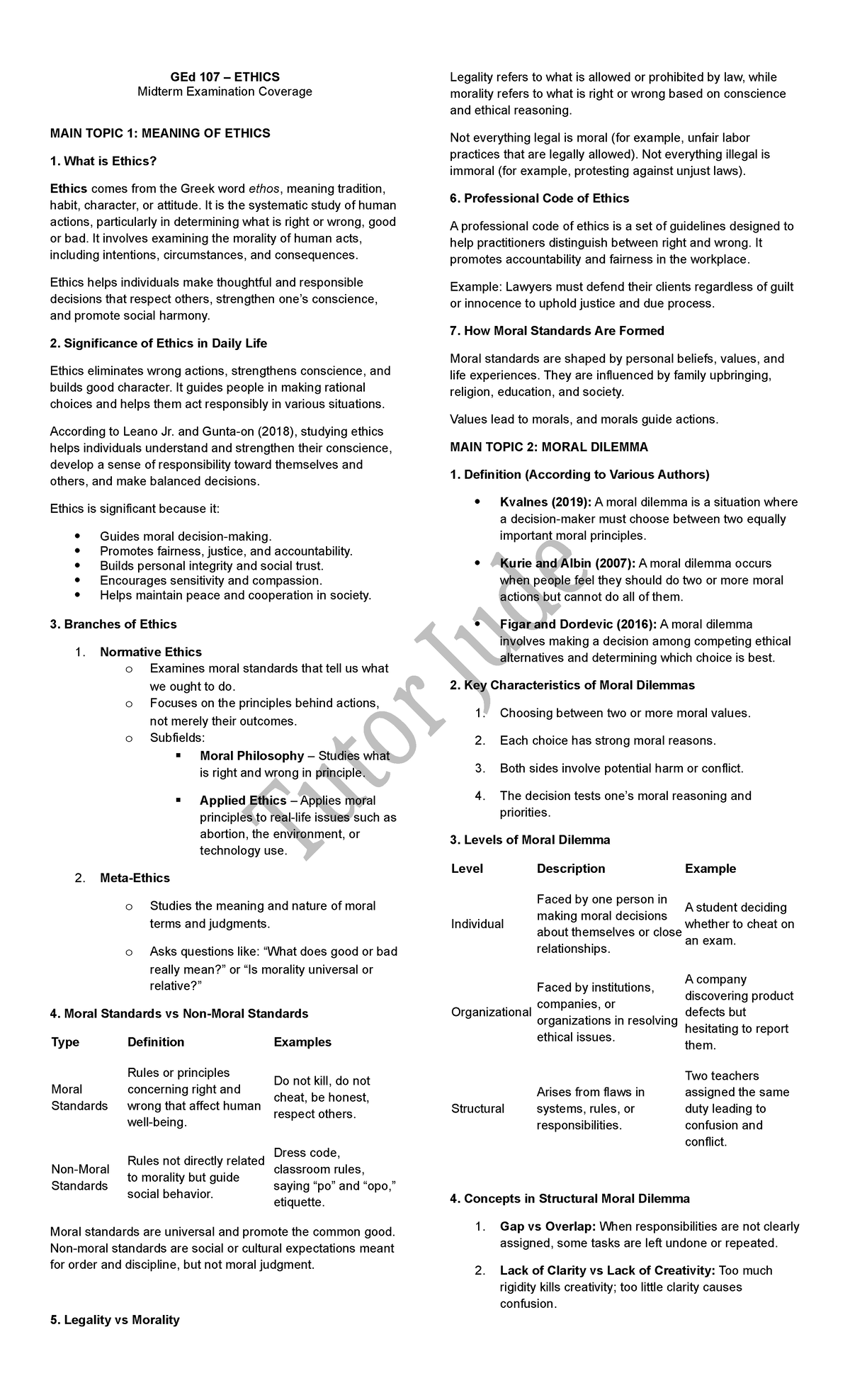 GEd 107 ETHICS Midterm Exam Review: Key Concepts & Moral Dilemmas - Studocu