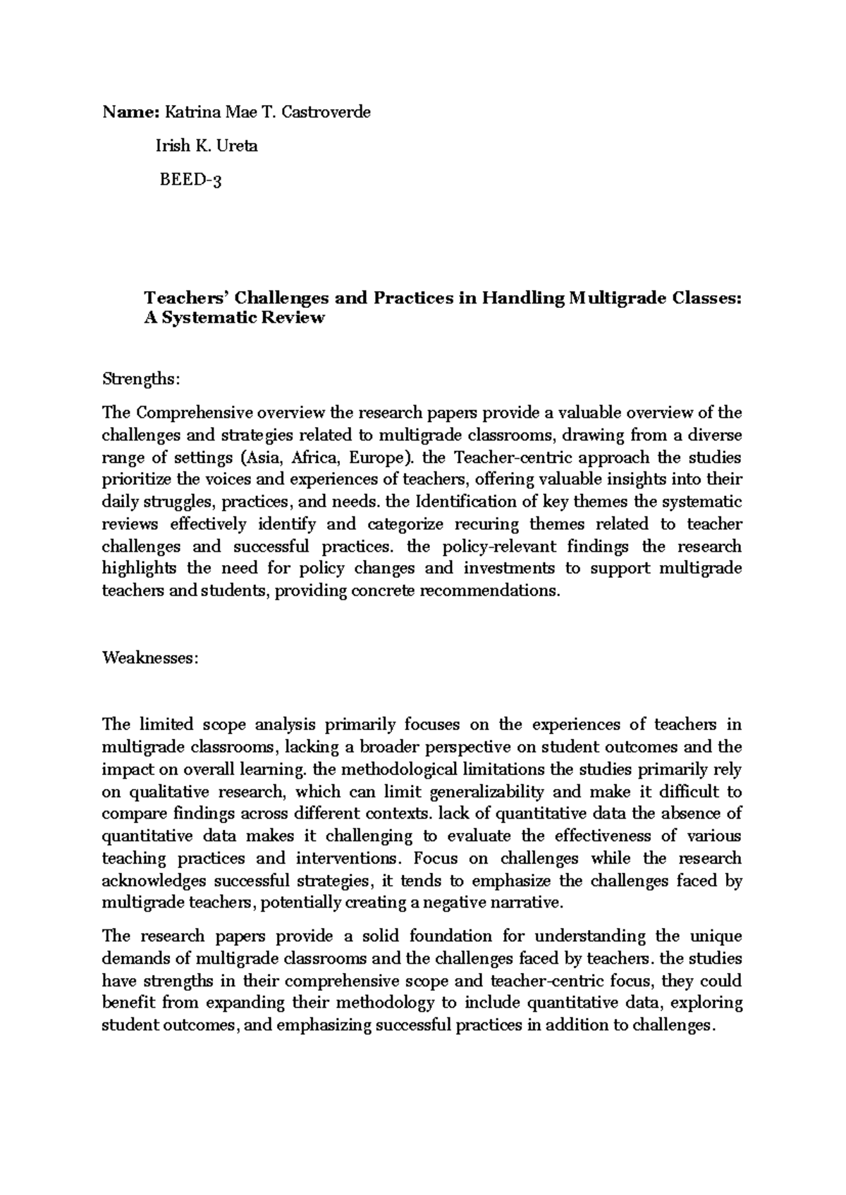 Challenges and Practices in Multigrade Classes: A Systematic Review ...