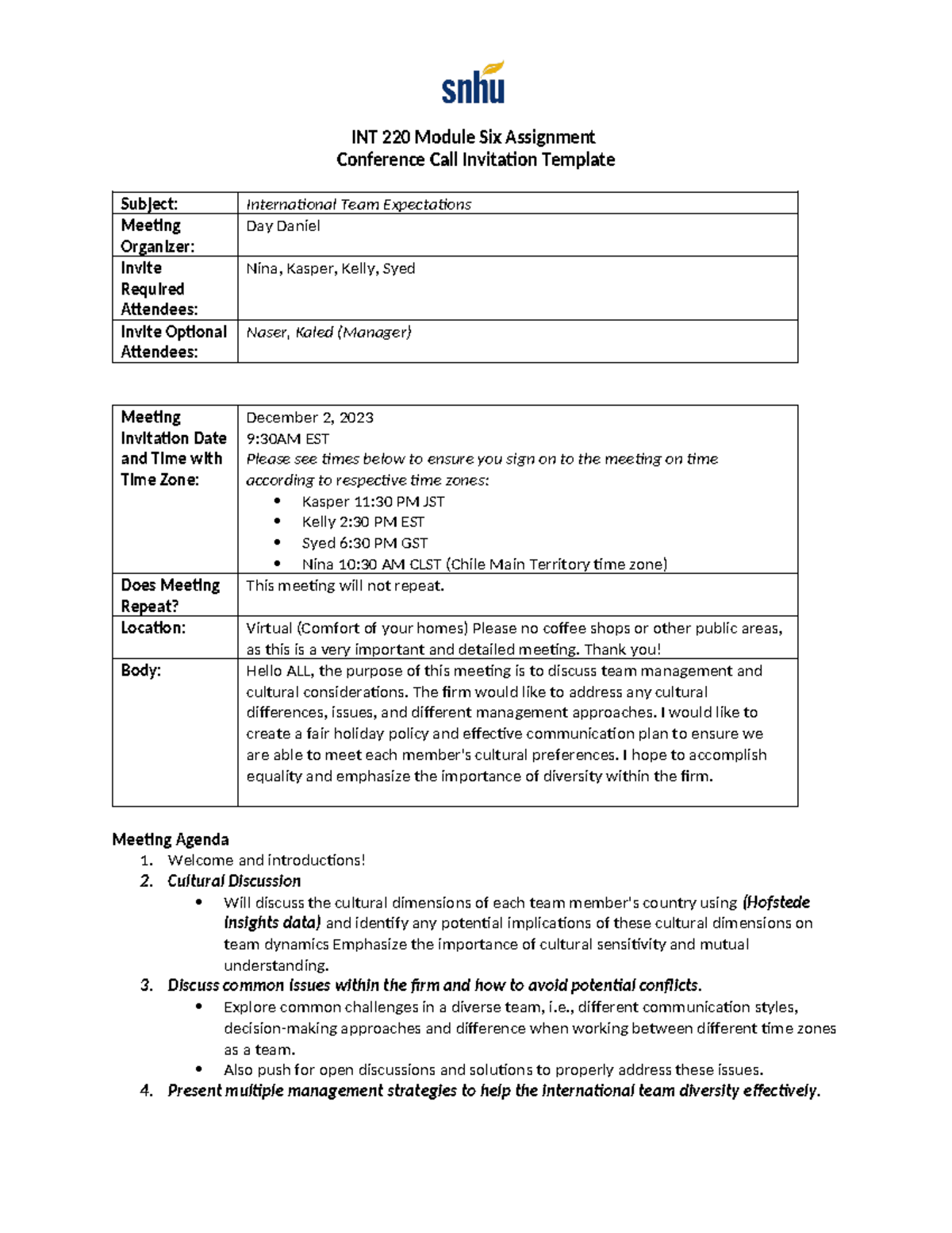 INT 220 Conference Call Invitation - INT 220 Module Six Assignment ...