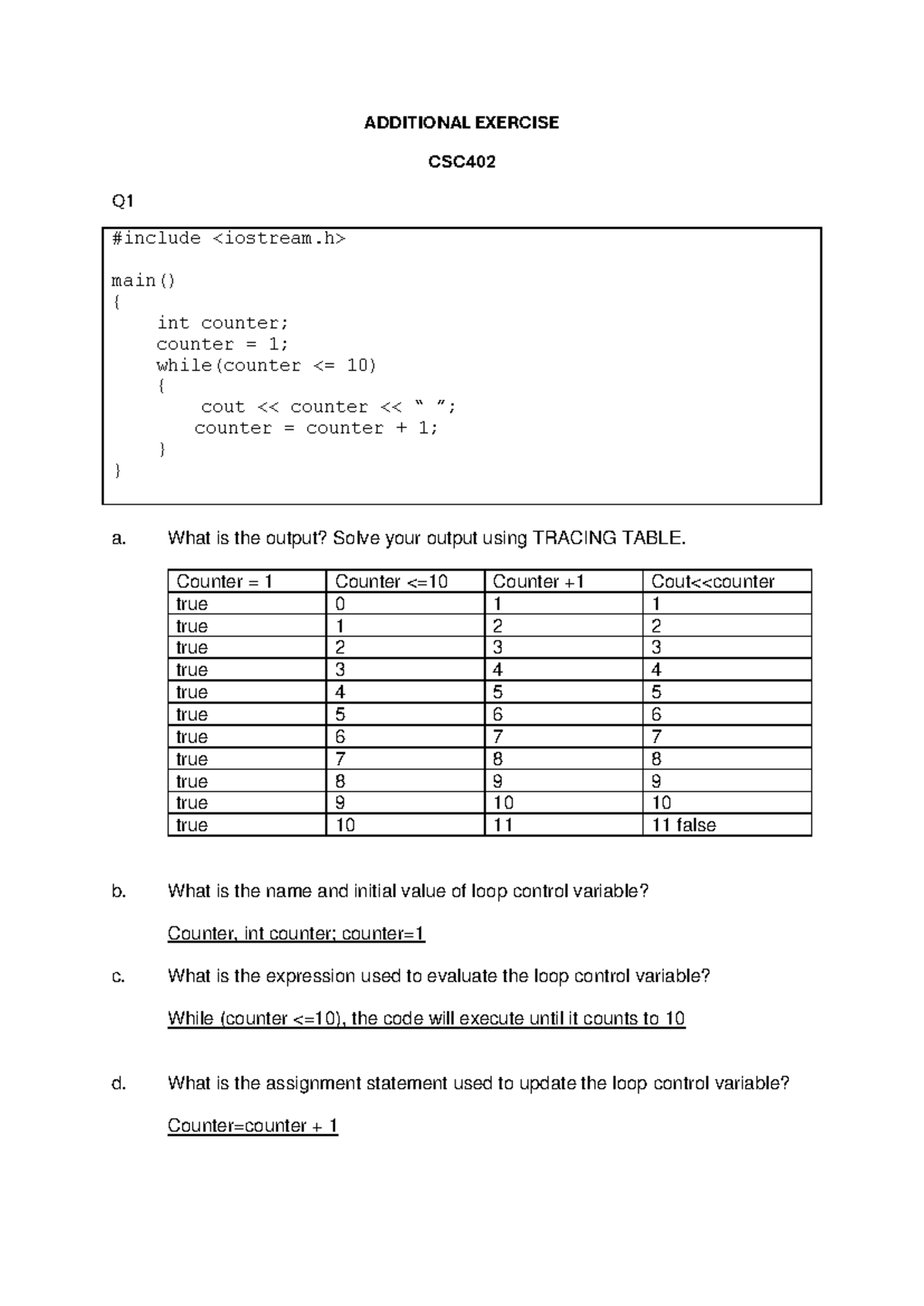 Additional Exercise Repition Programming 1 - ADDITIONAL EXERCISE CSC Q ...