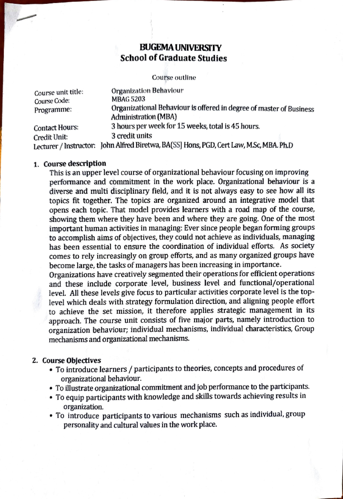 Organizational Behavior Course Outline - MBAG Program Overview - Studocu