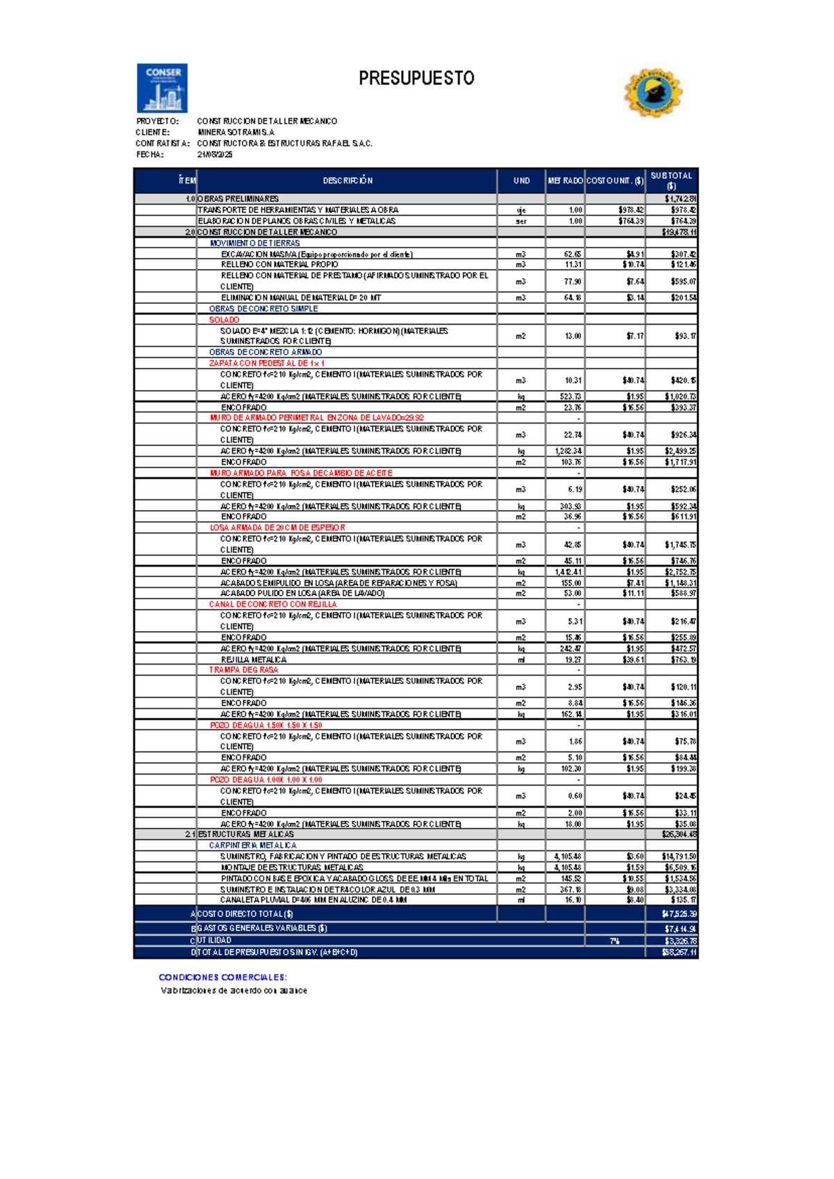 Presupuesto Construcción Taller Mecánico - Minera SOTRAMI S.A. - Document Preview