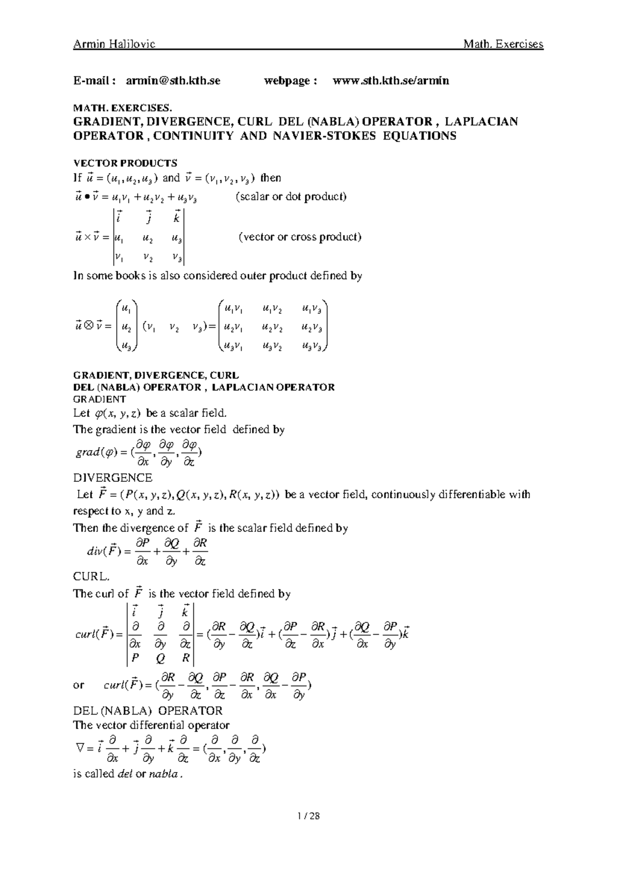MATH Exercises: Gradient, Divergence, Curl, and Laplacian Operators ...