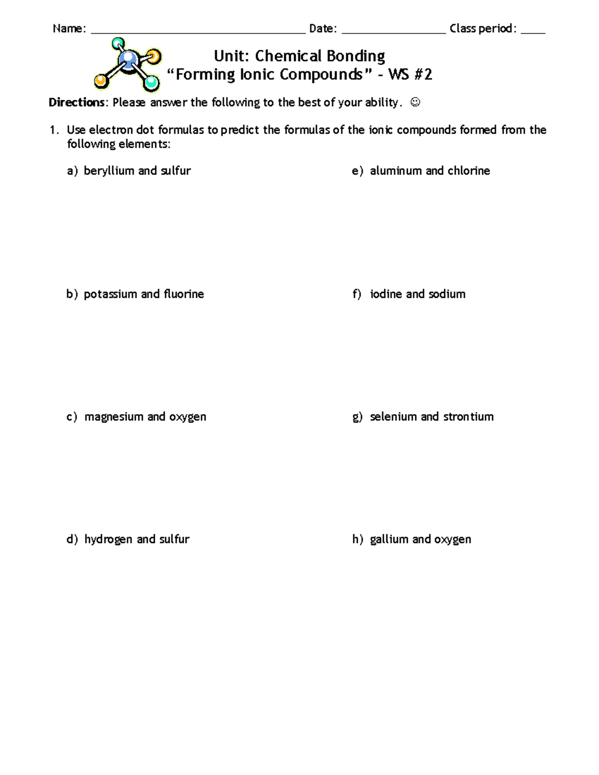Homework WS2: Ionic Bonding Practice for ChemClass - Studocu