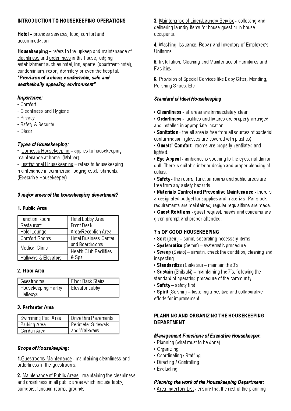 Housekeeping Operations Overview: Key Functions and Standards - Studocu