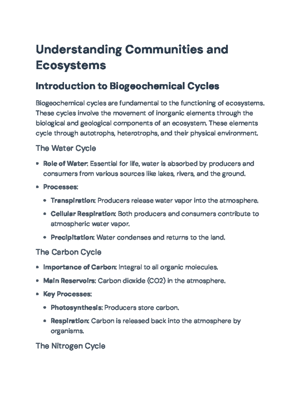 Understanding Biogeochemical Cycles & Ecosystem Dynamics (BIO 101 ...