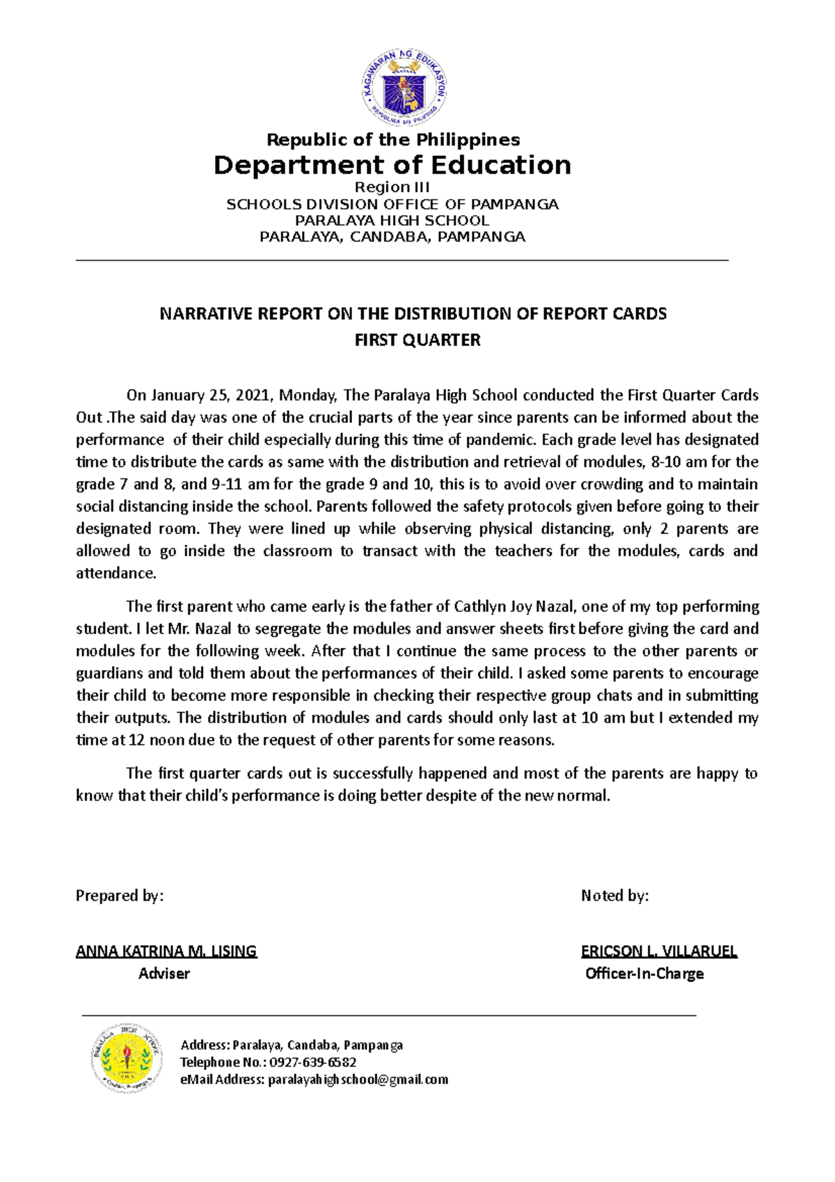 1st Quarter Cards Out Narrative Report - Paralaya High School - Studocu