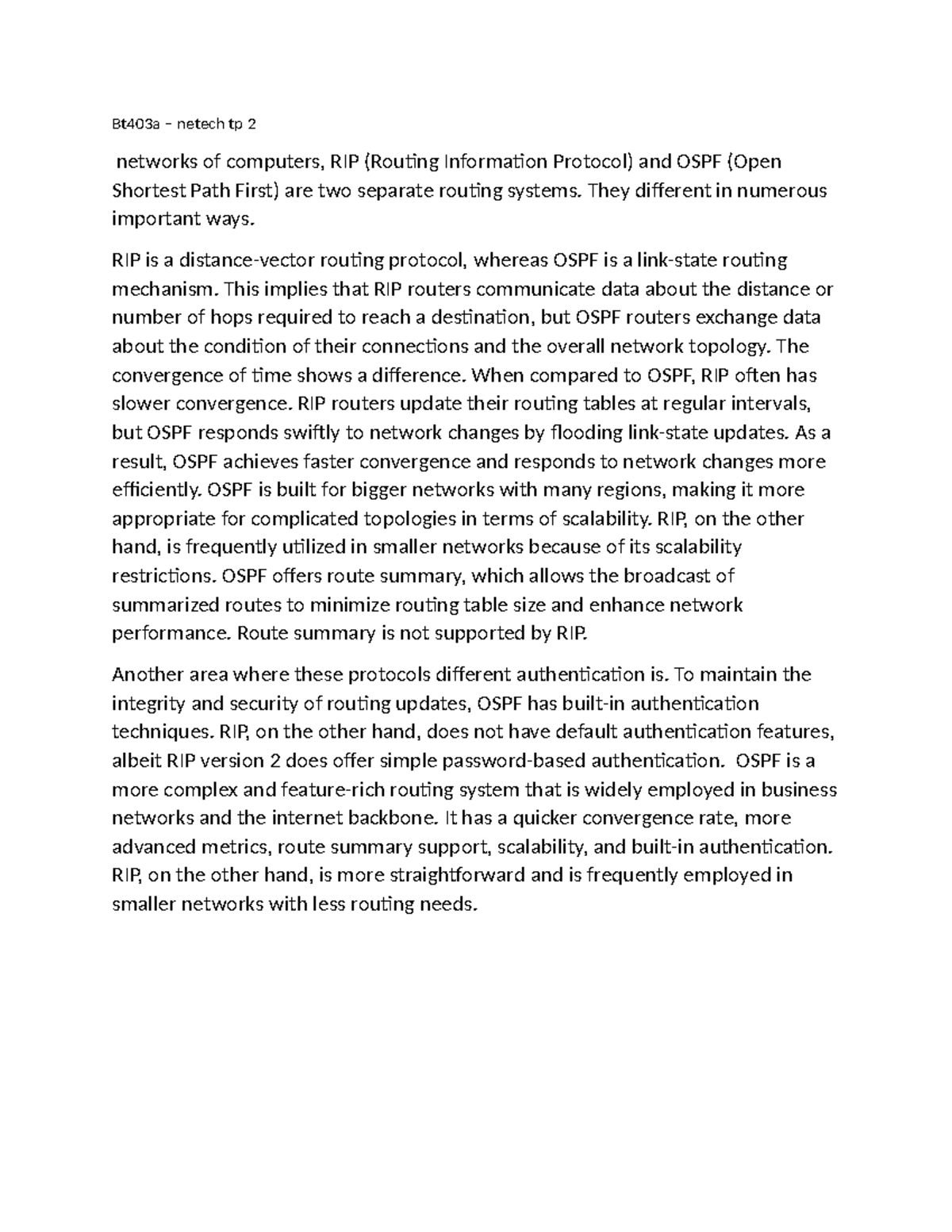 Bt403a – Comparison of RIP and OSPF Routing Protocols - Studocu