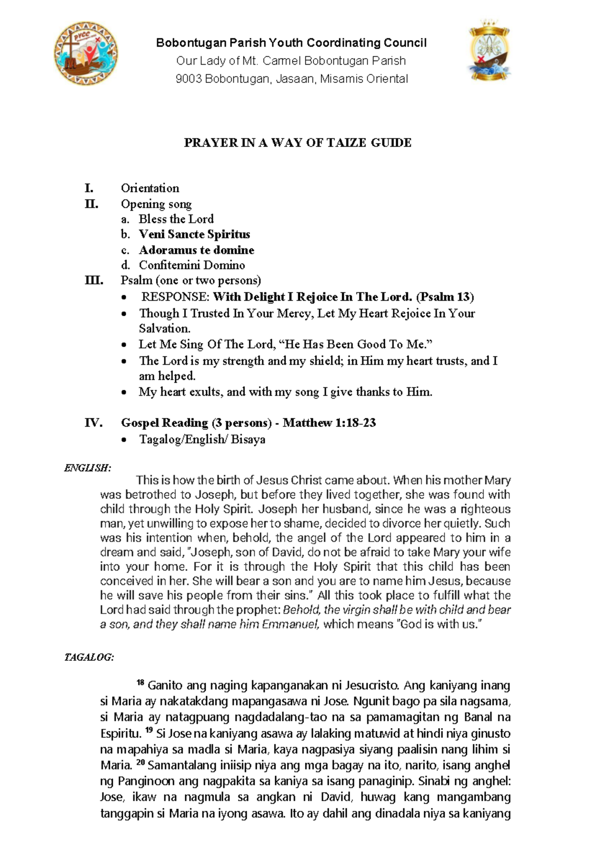 Taize Prayer Guide for Youth - September 8 - Studocu