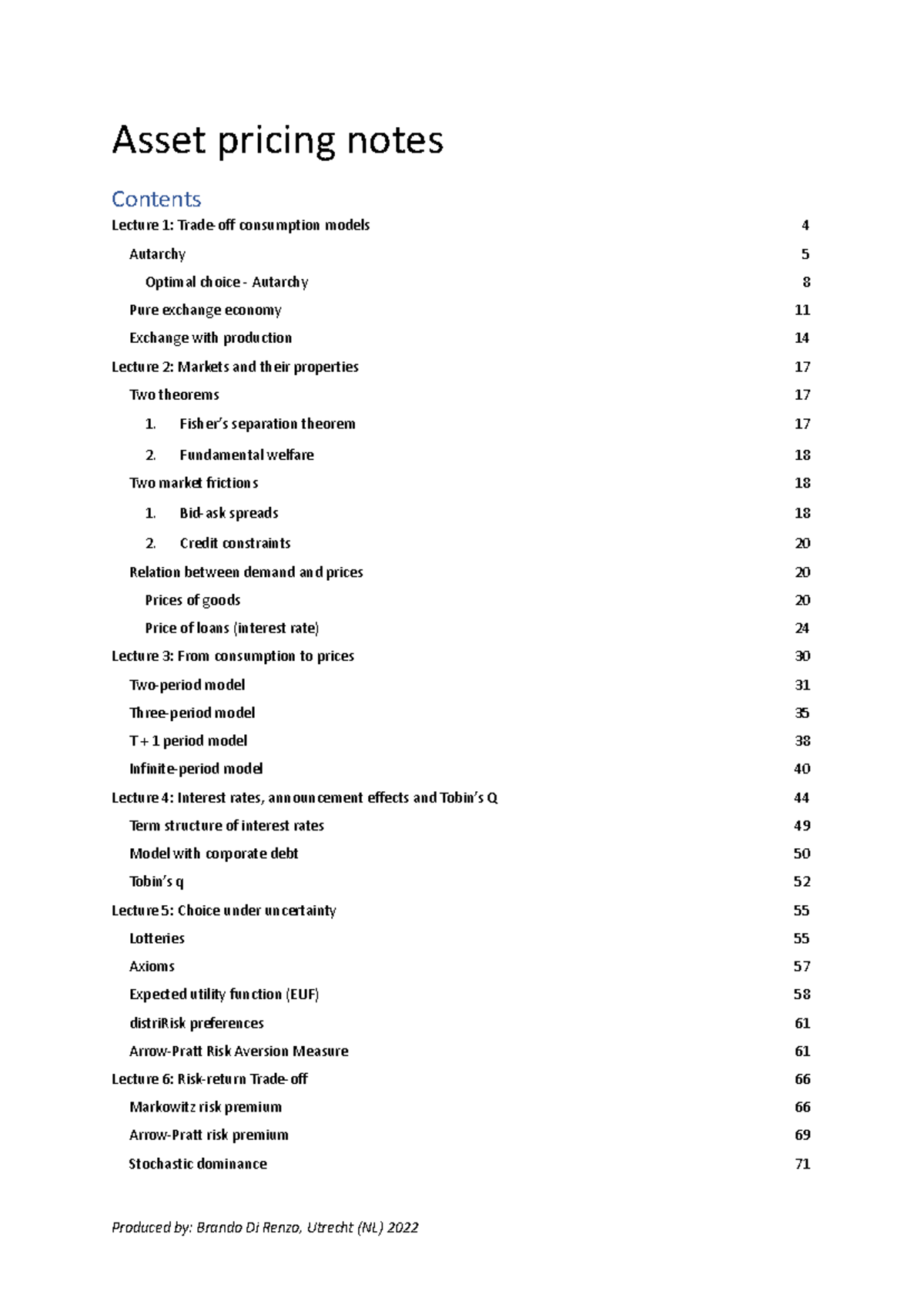 Asset Pricing Notes: Lecture Overview and Key Concepts - Studeersnel