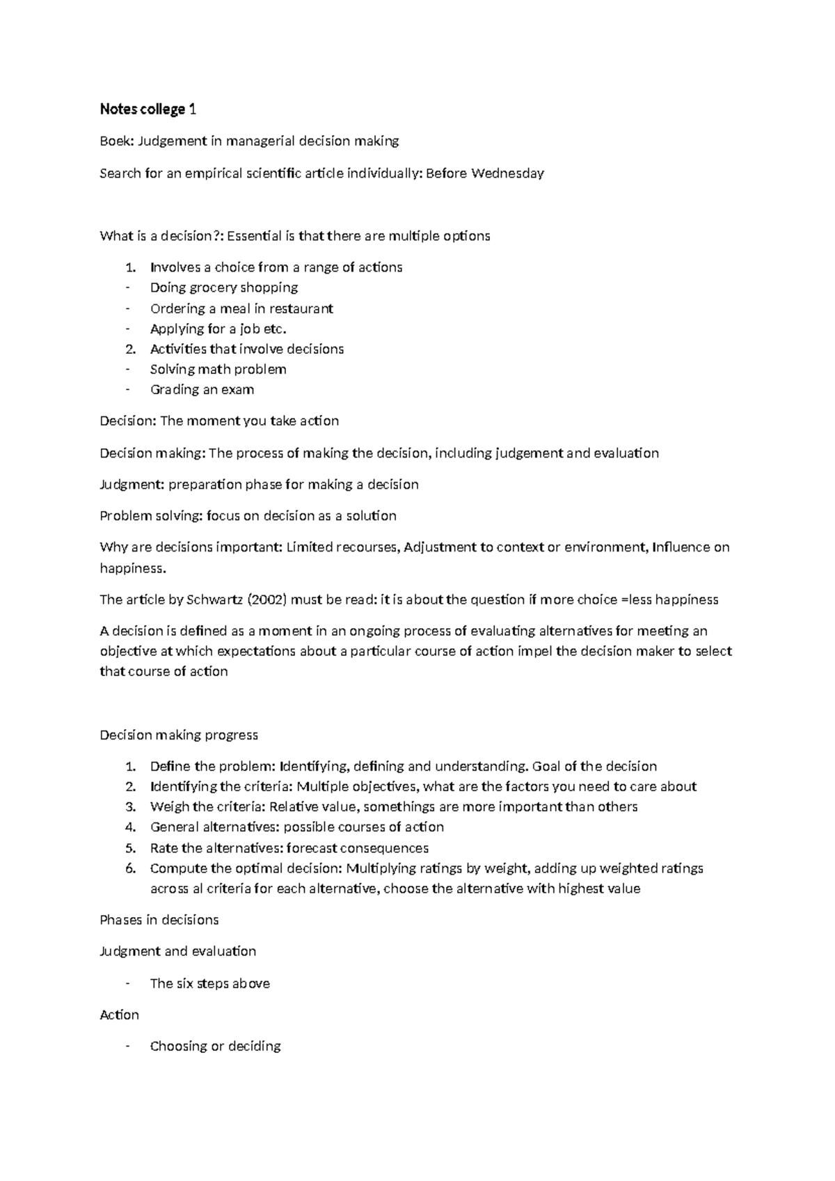 College 1: Notes on Judgment in Managerial Decision Making - Studeersnel