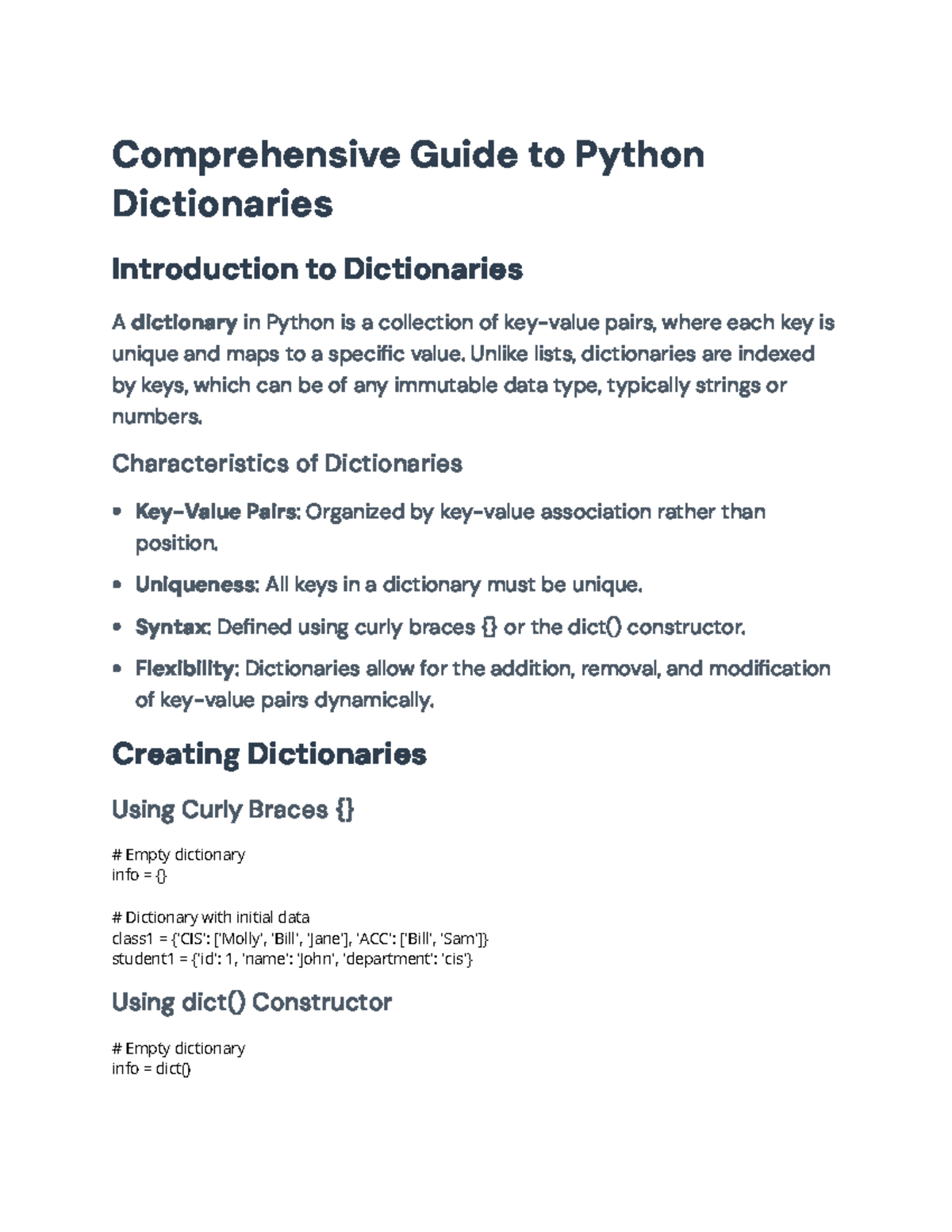 Python Dictionaries: Creation & Manipulation Guide (CIS 101) - Studocu