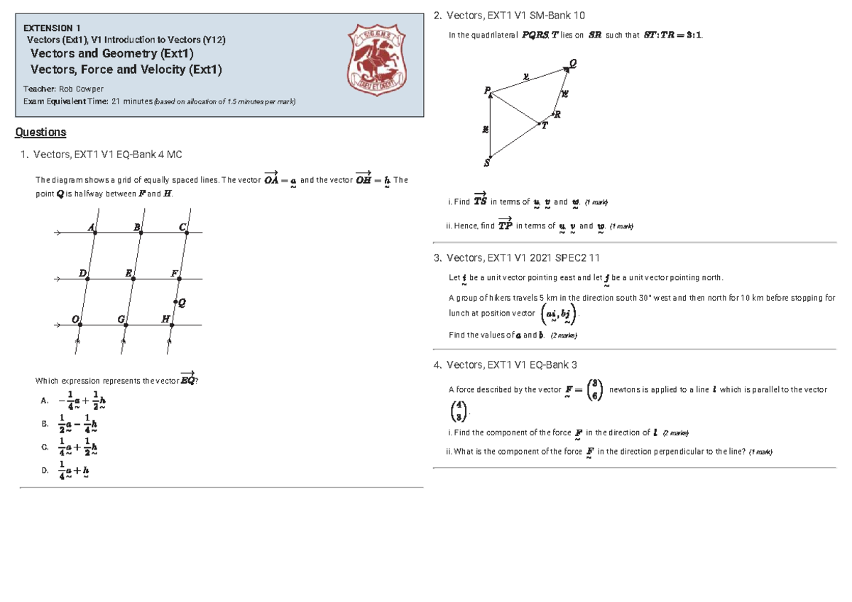 Vectors EXT1 V1 HSC Questions and Solutions - Studocu