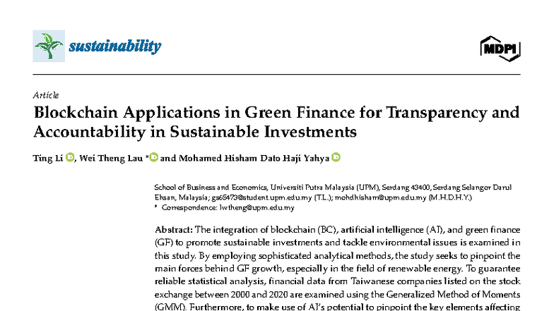 Blockchain Applications in Green Finance: Enhancing Transparency ...