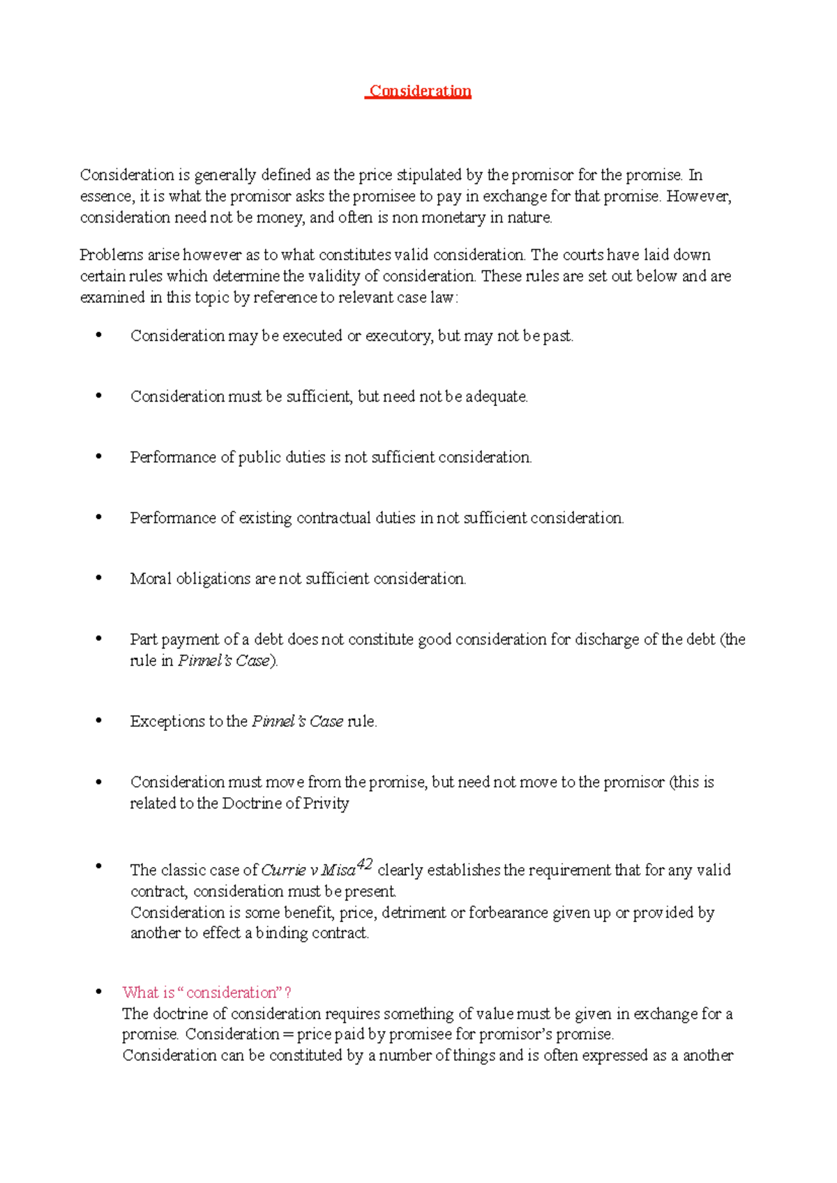Contract Law - Consideration notes Summary - Consideration ...