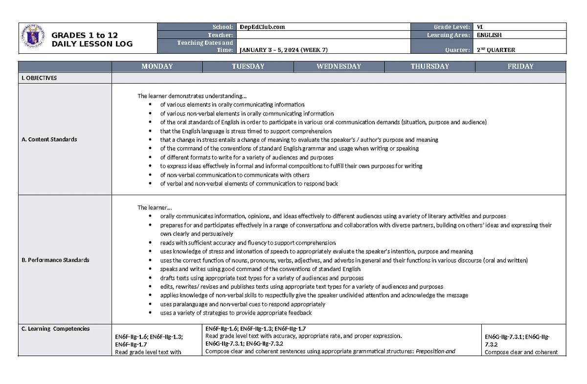 DLL Mathematics 6 Q2 W7: Daily Lesson Log for Integers and Operations ...