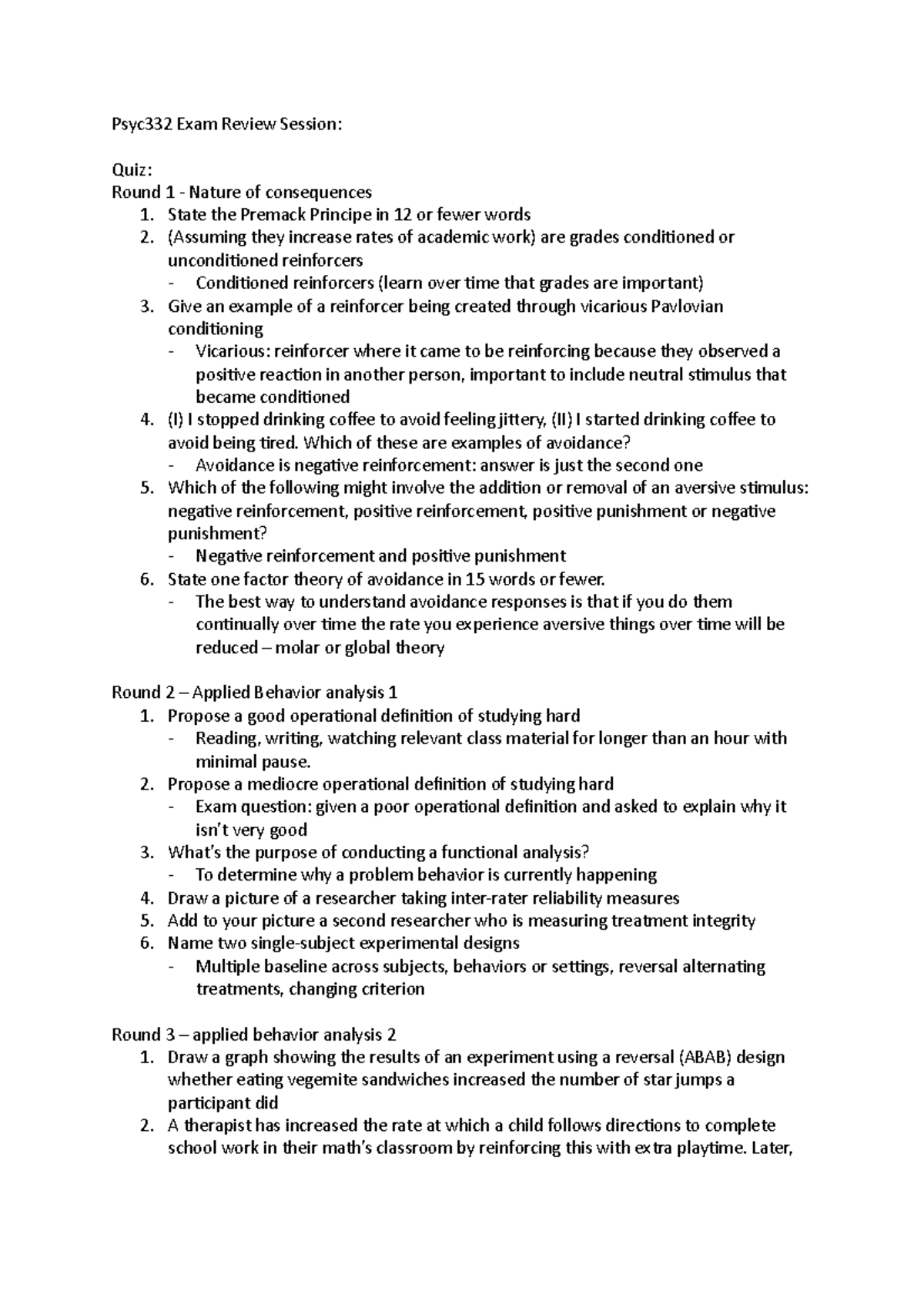 Psyc332 Final Exam Review: Key Concepts in Behavior Analysis - Studocu
