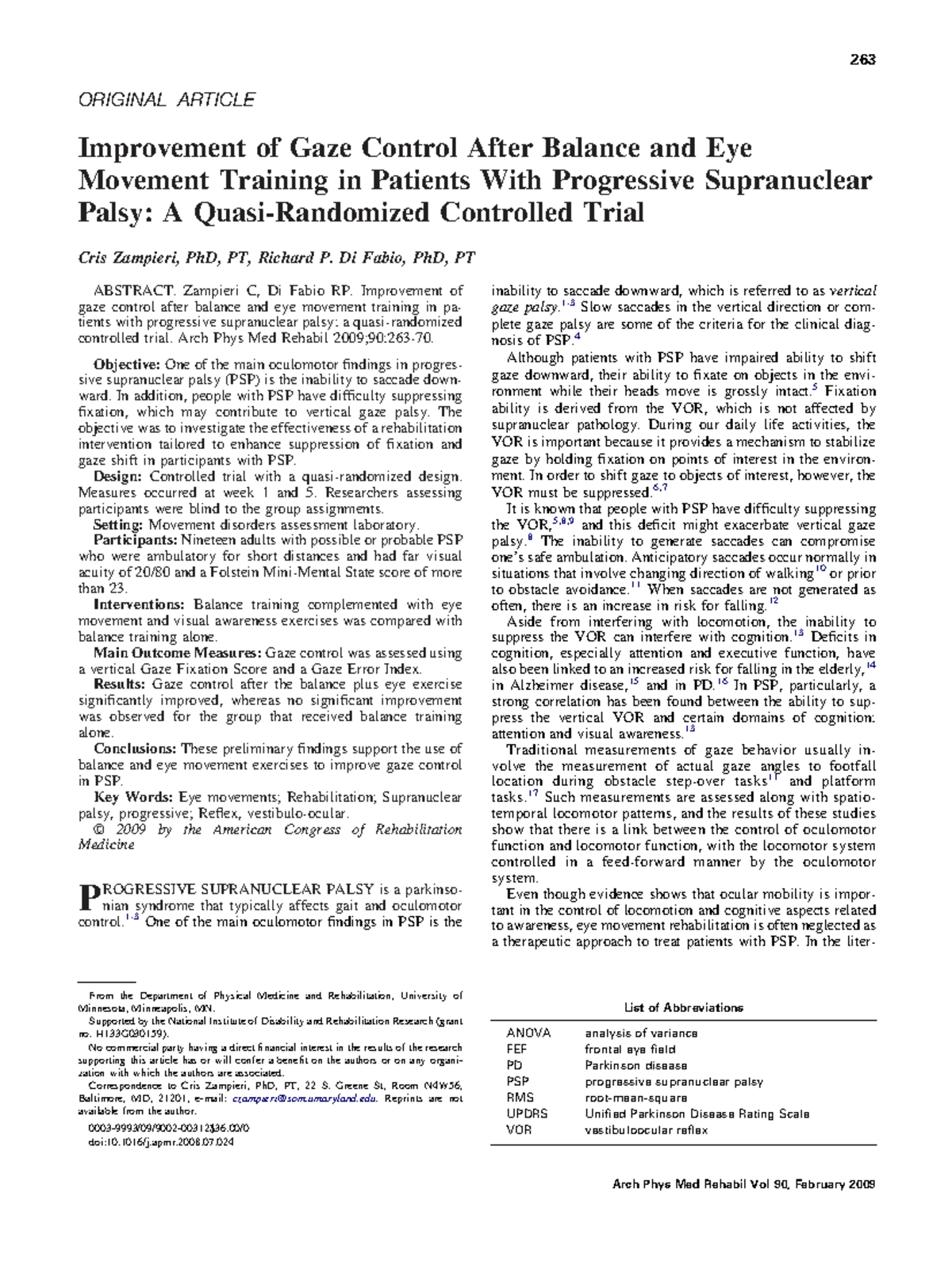 Improvement of Gaze Control in PSP: Eye Movement Training Study (263 ...