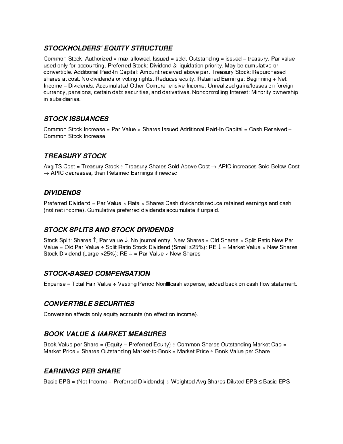 EQUITY STRUCTURE & STOCK ISSUANCES Cheat Sheet (Module 8) - Studocu