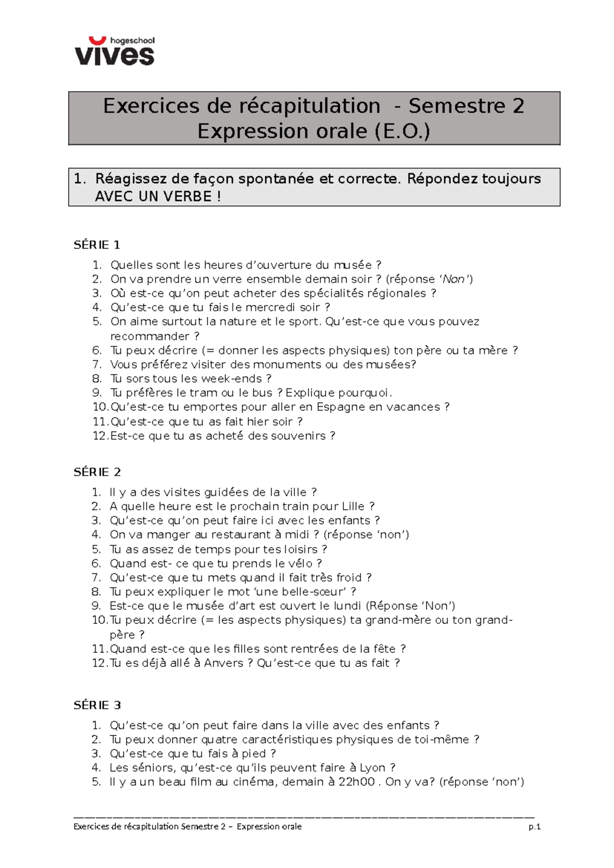Exercices de récapitulation Semestre 2 - Expression Orale (E.O.) - Studocu