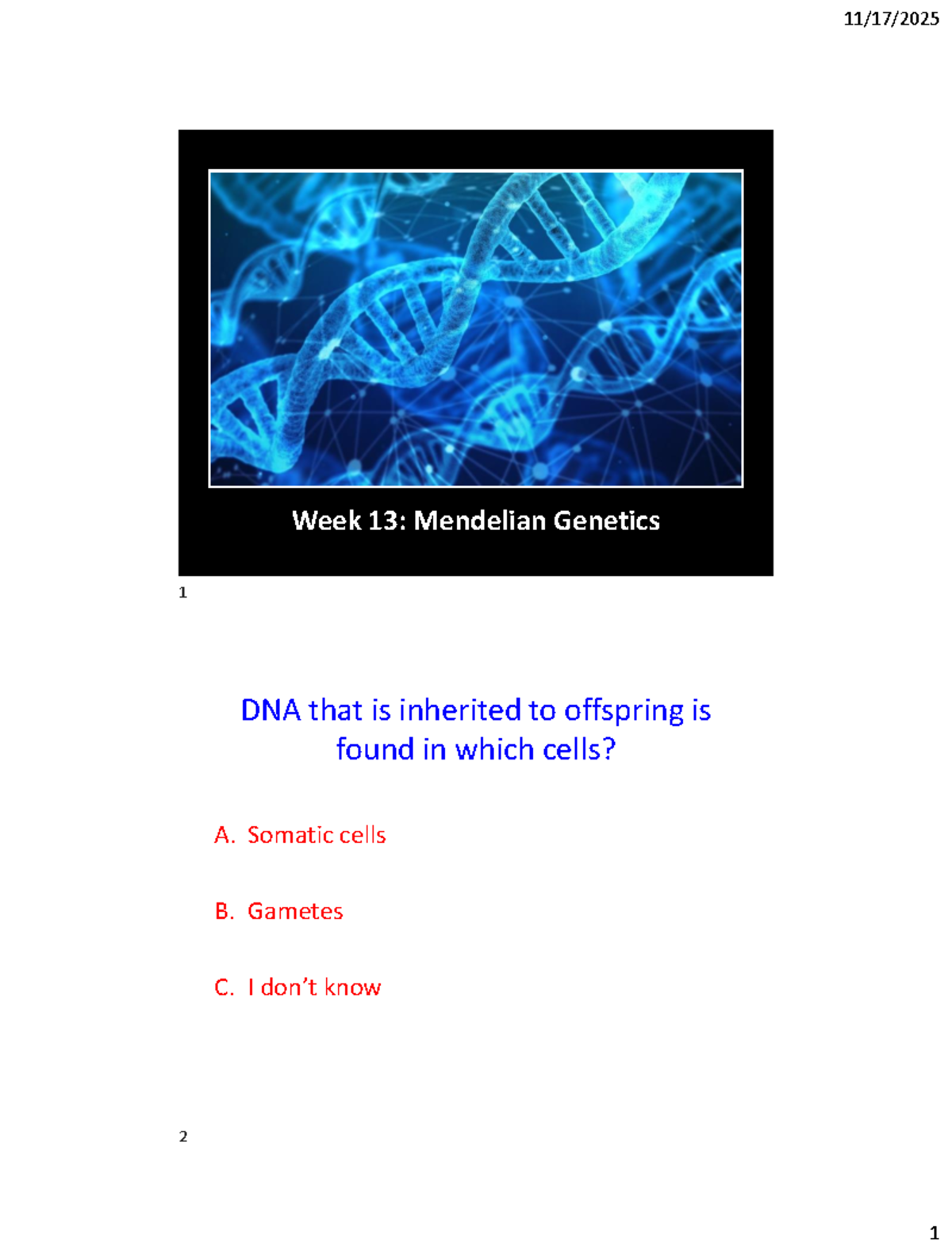 Week 13: Mendelian Genetics Lecture Notes - Studocu