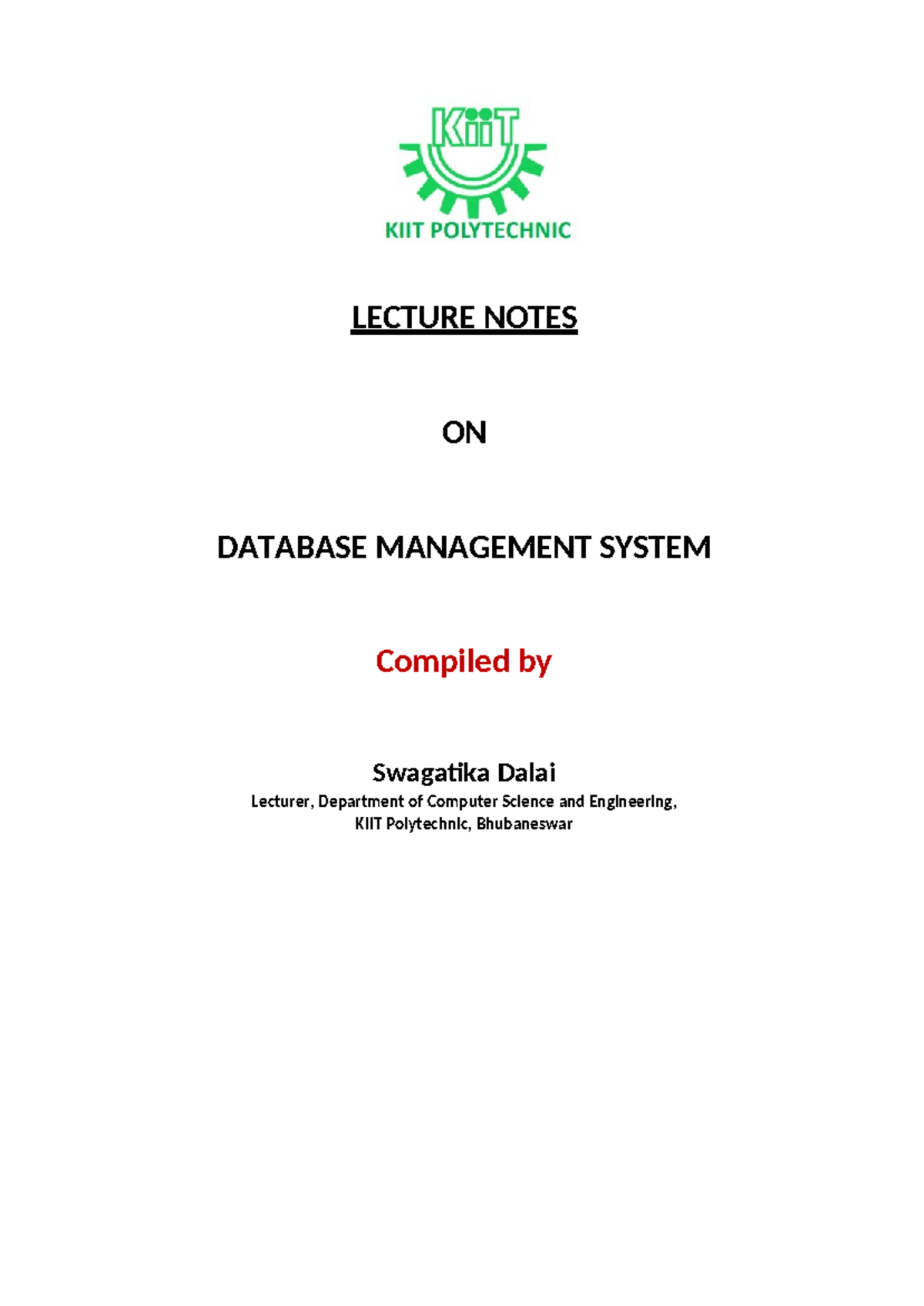 CSE 2023 LECTURE NOTES ON DATABASE MANAGEMENT SYSTEM - Studocu