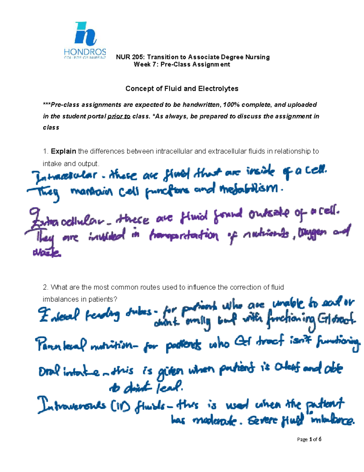 NUR 205: Week 7 Assignment on Fluid & Electrolyte Concepts - Studocu