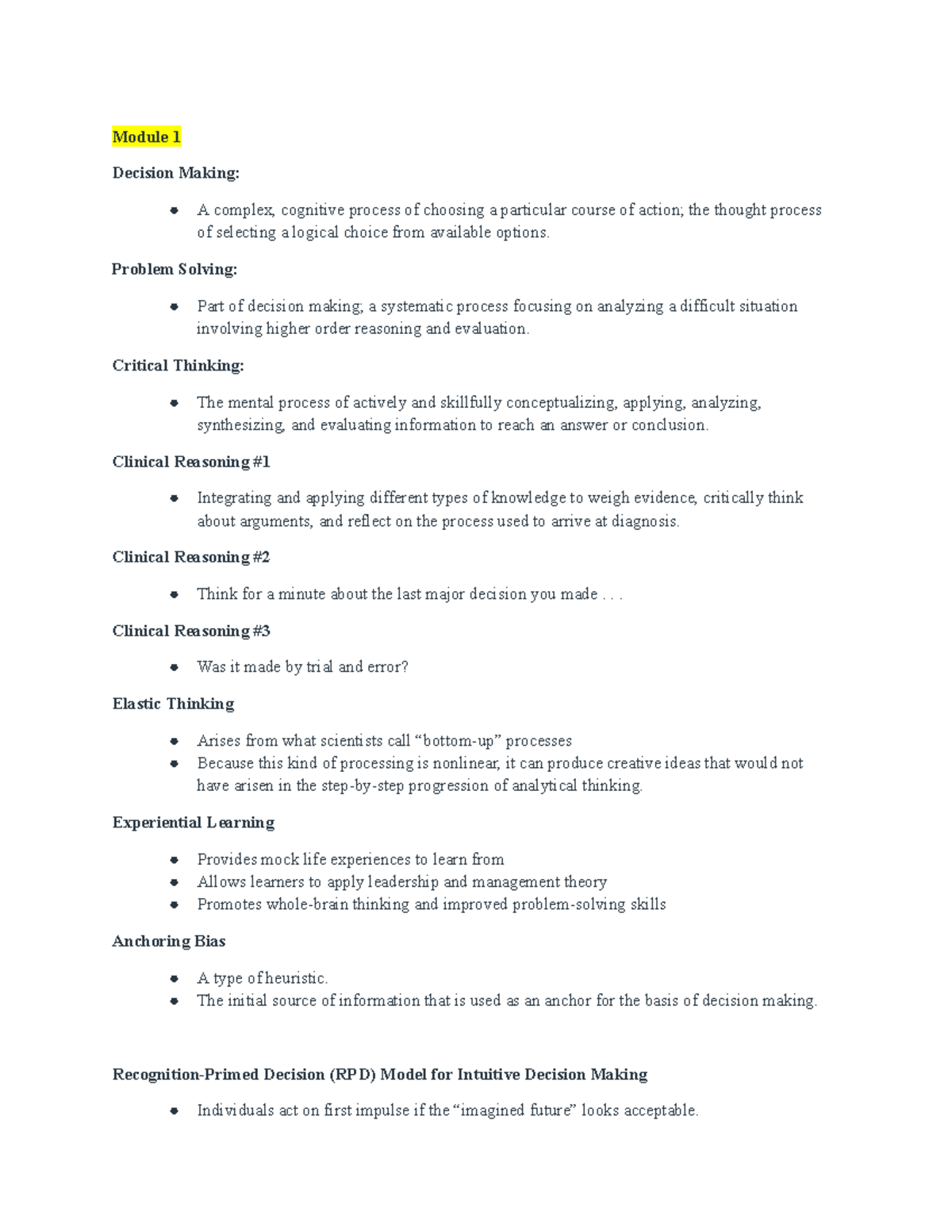 Module 1 & 2 Study Guide: Decision Making, Leadership, and Conflict ...