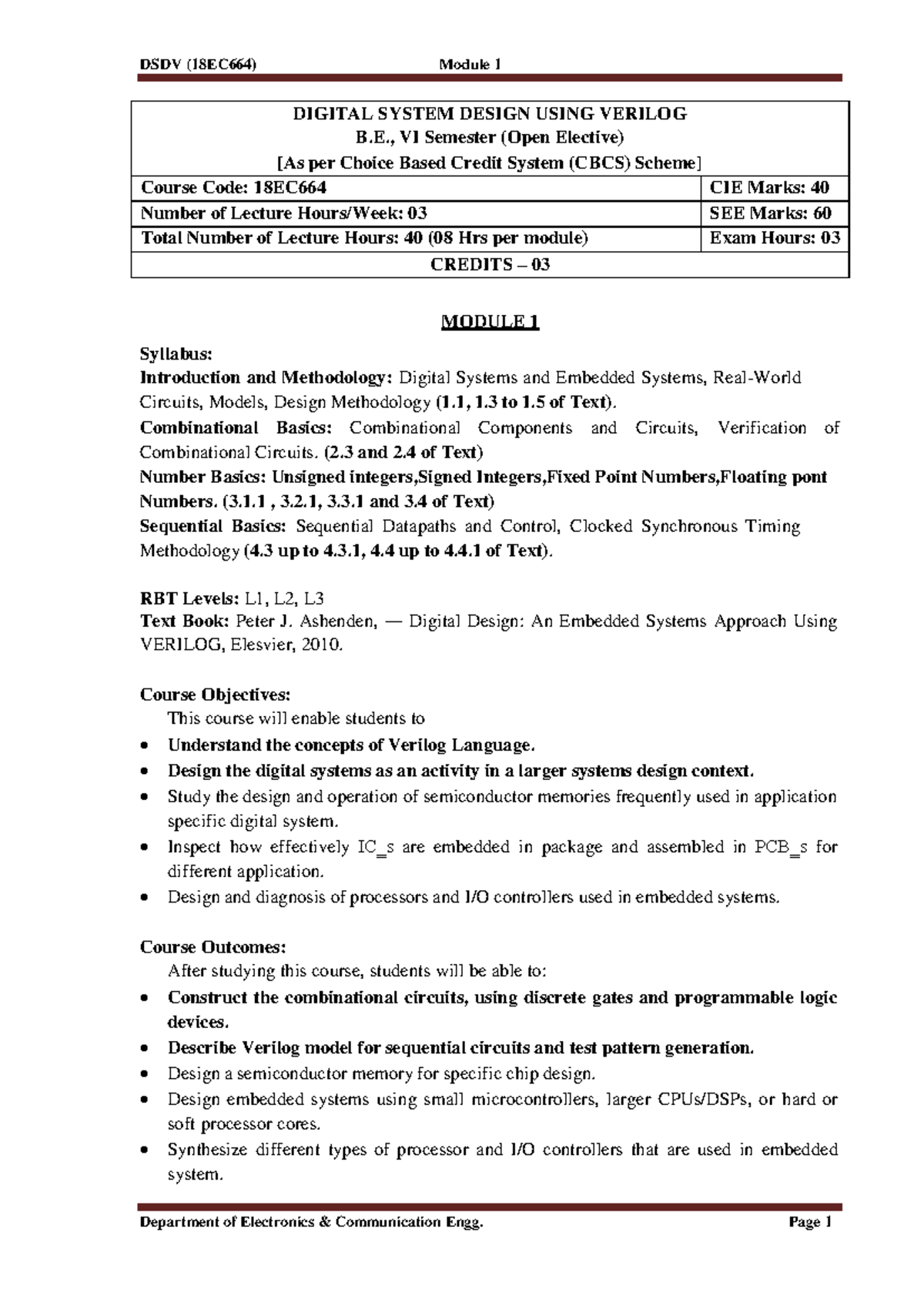 Module 1 Notes on DSDV - Digital System Design in Verilog 18EC644 - Studocu