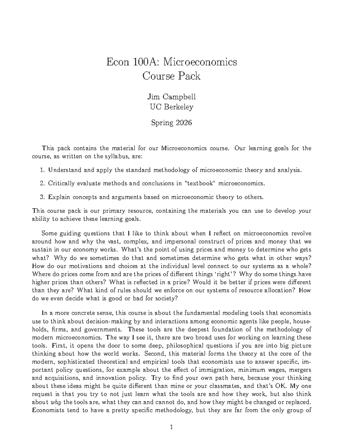 Econ 100A: Microeconomics Course Pack - Spring 2026 Overview - Studocu