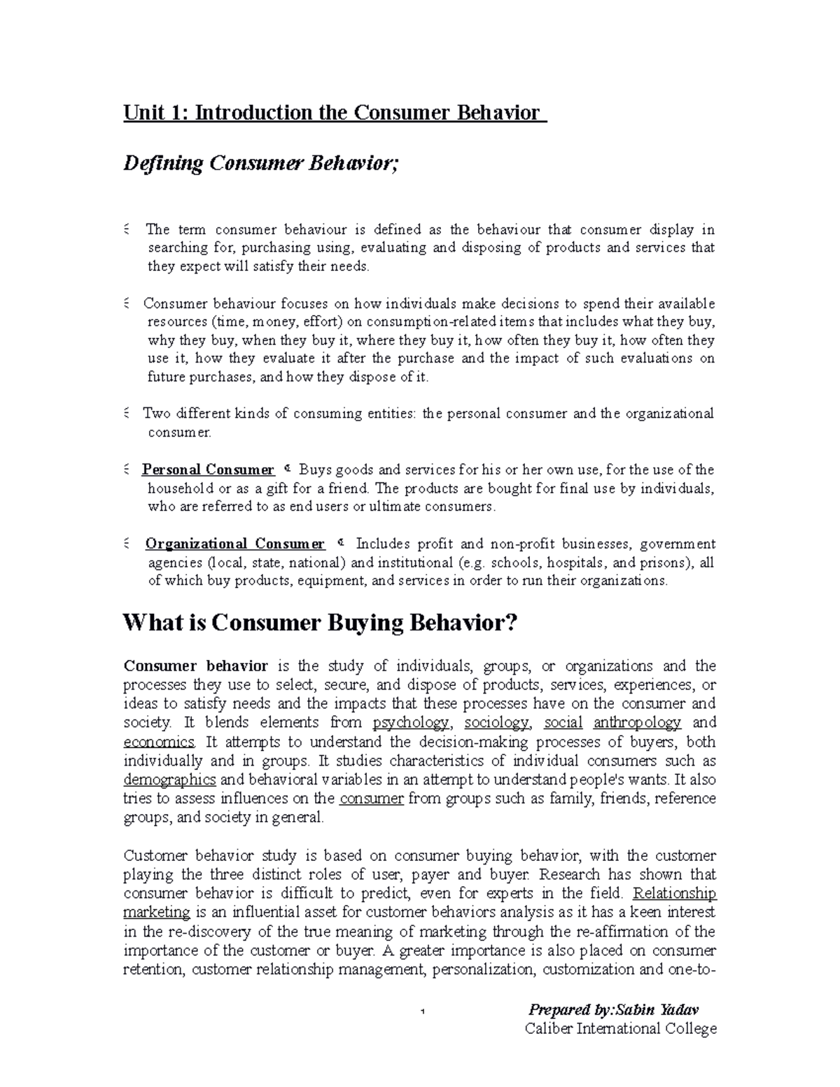 167327550 Consumer Behavior Notes: BBA VI Sem Unit 1 Overview - Studocu