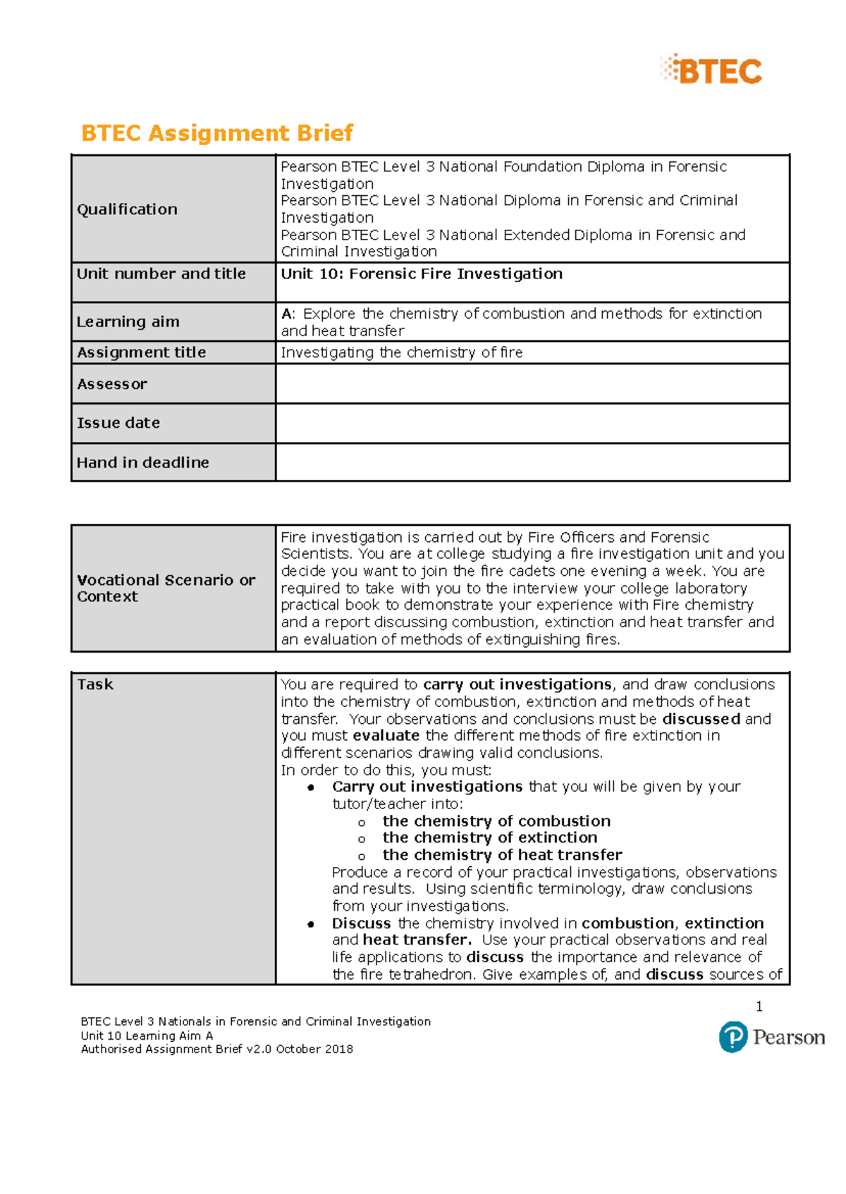 BTEC Level 3 Forensic Fire Investigation Unit 10 Assignment Brief - Studocu