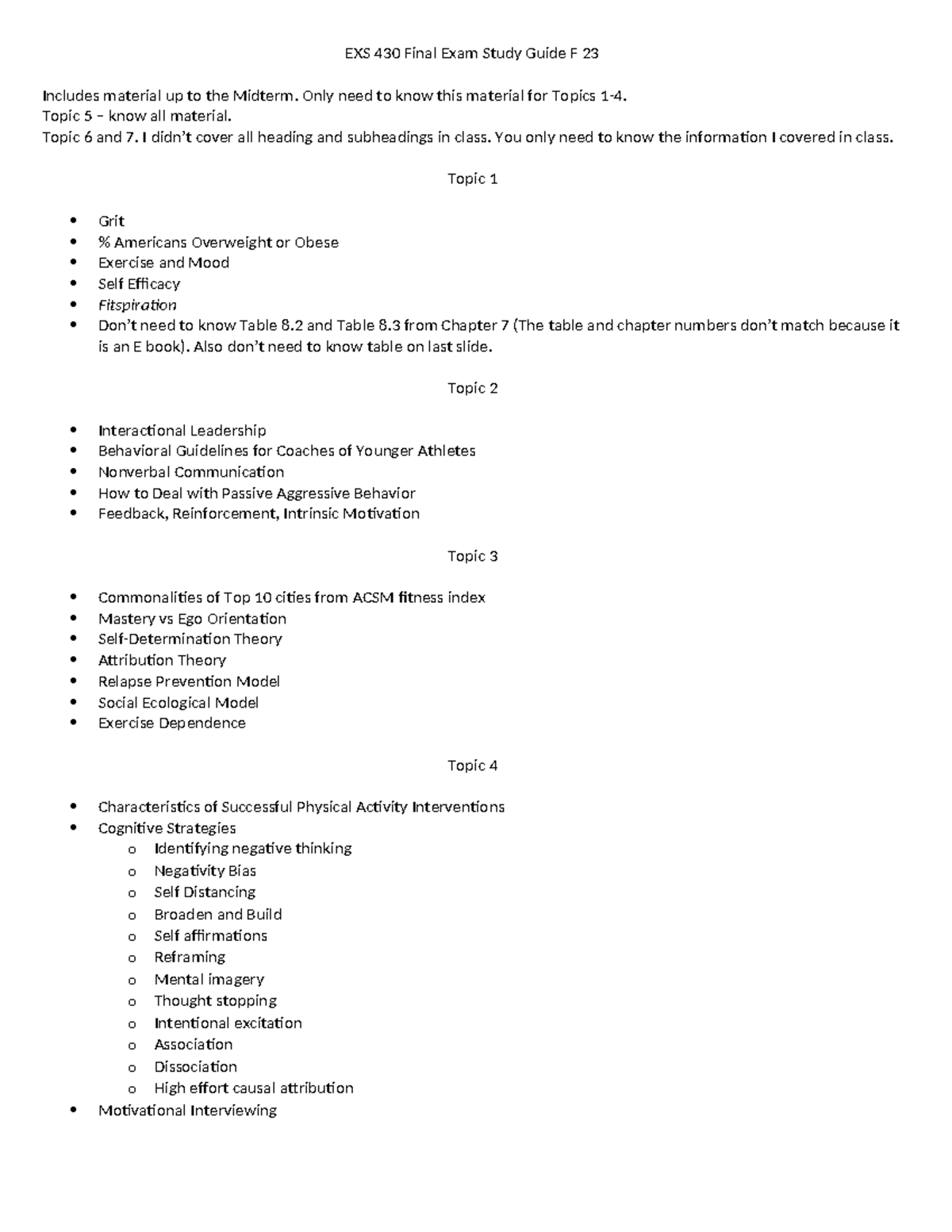 EXS 430 Final Exam Study Guide - Key Topics for Review F 23 - Studocu