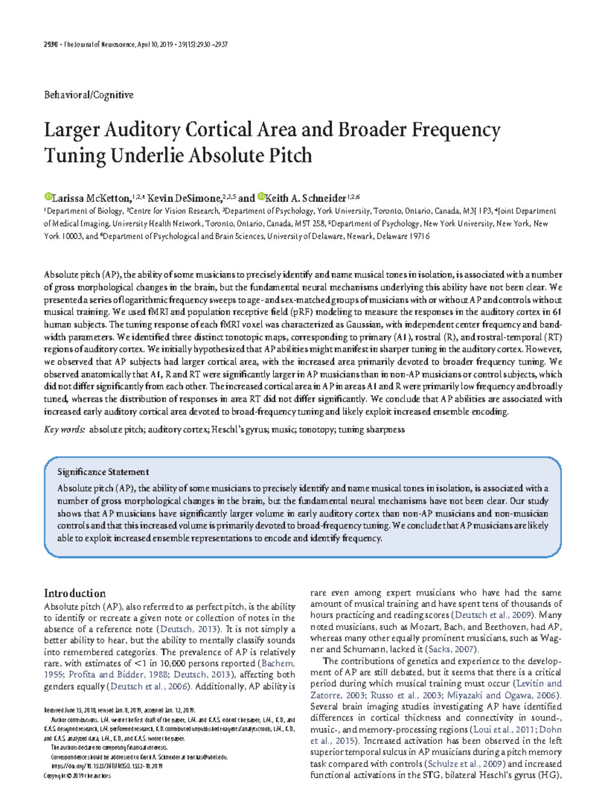 Larger Auditory Cortex Volume and Frequency Tuning in Absolute Pitch ...