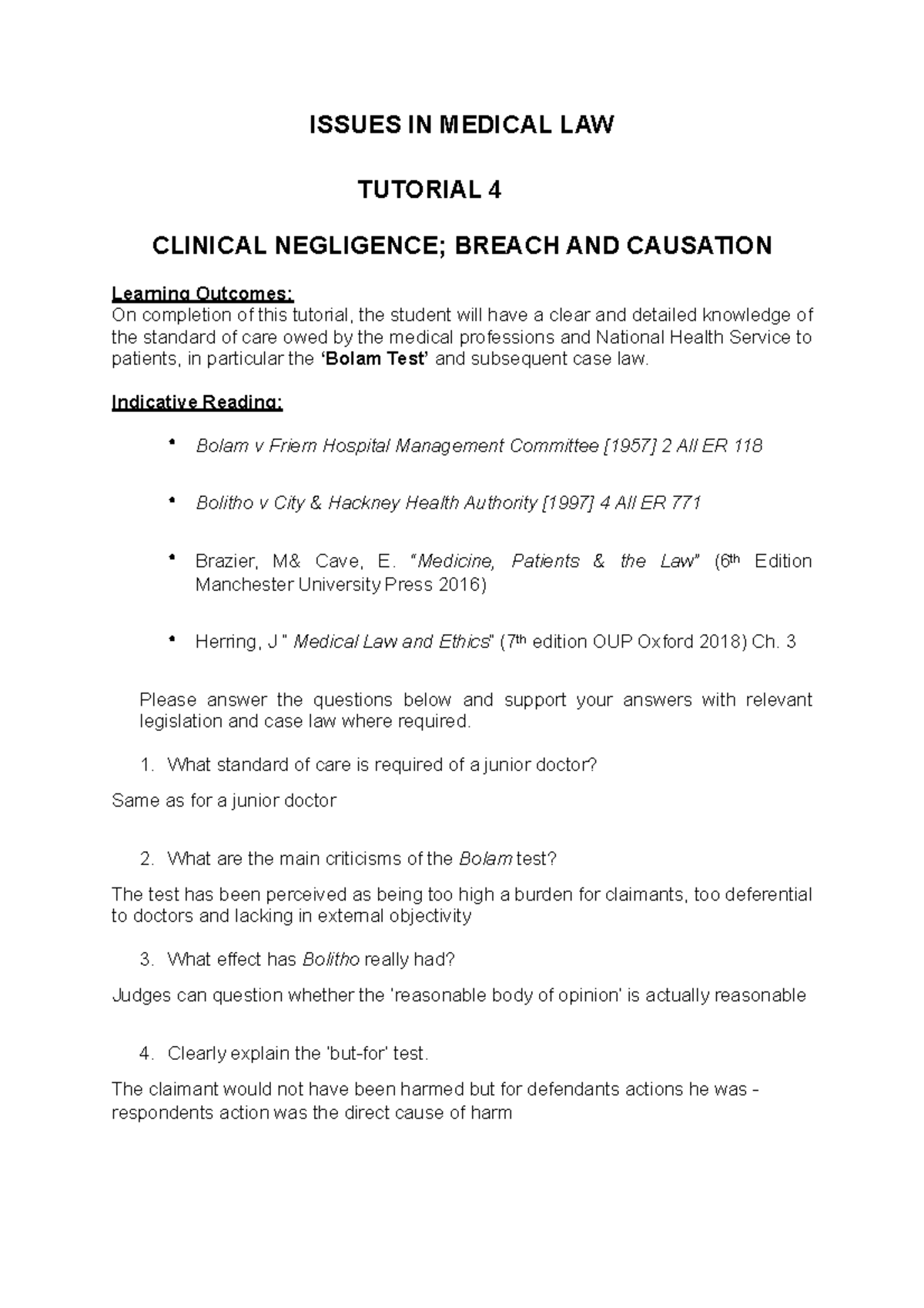 Tutorial 4 - ISSUES IN MEDICAL LAW TUTORIAL 4 CLINICAL NEGLIGENCE ...