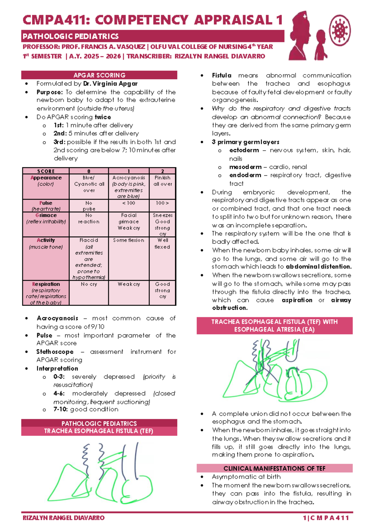 CMPA411: Pathologic Pediatrics - APGAR Scoring and TEF Overview - Studocu