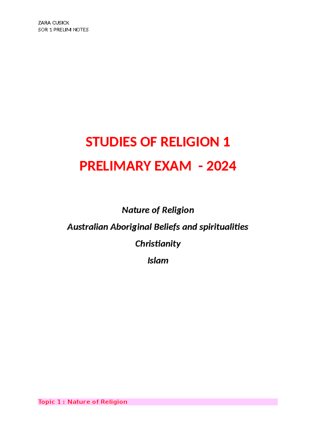 YEAR 11 SOR 1 Prelim Notes - Nature of Religion & Beliefs - Studocu