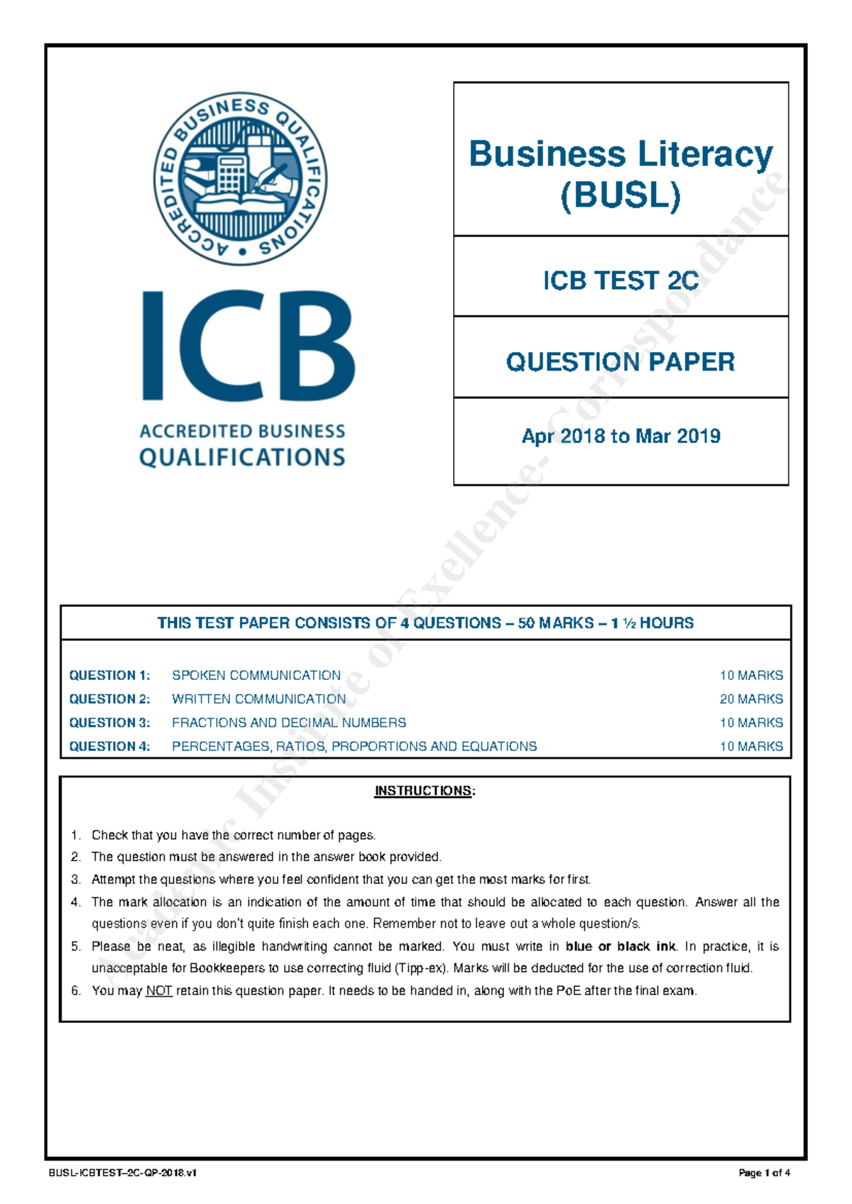 BUSL 2C - ICB Test 2C Question Paper (Apr 2018 - Mar 2019) - Studocu