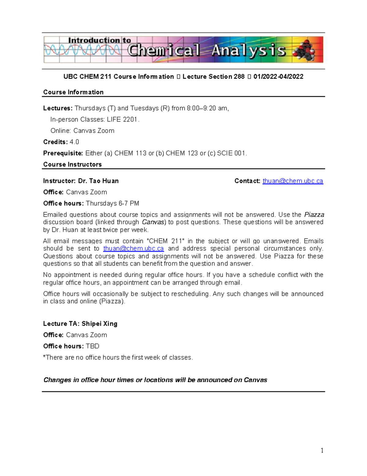 UBC CHEM 211 Lecture Syllabus: Analytical Chemistry Overview - Studocu