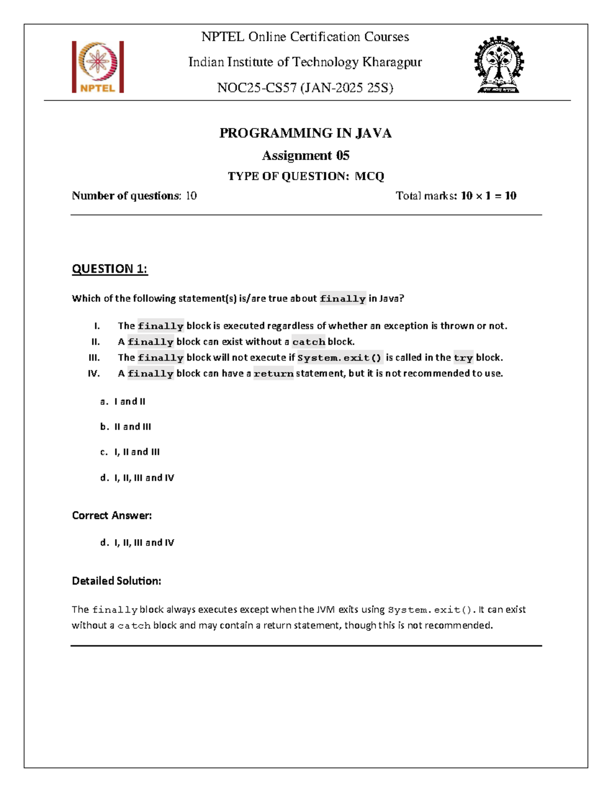 NOC 25 - CS 57: Assignment 05 Solutions - Programming in Java - Studocu
