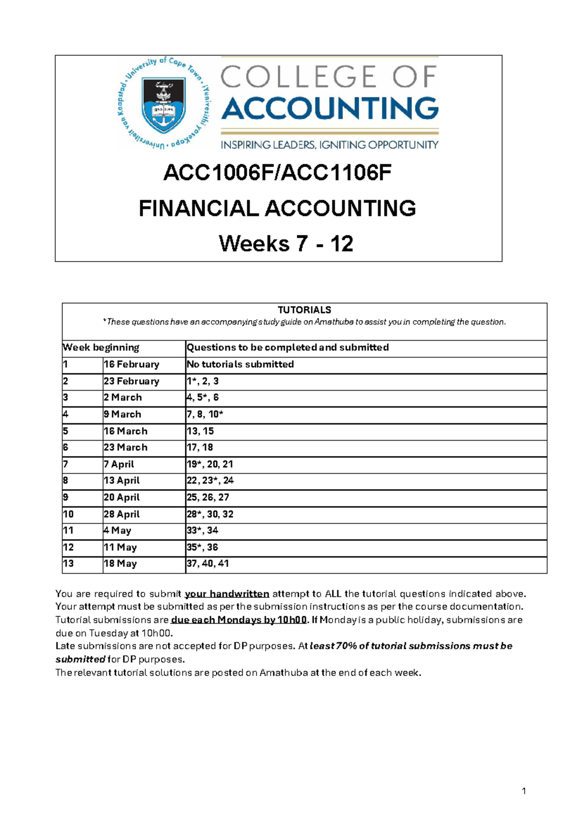 FINANCIAL ACCOUNTING 2026 TUTORIAL PACK WEEKS 6-13 OVERVIEW - Studocu