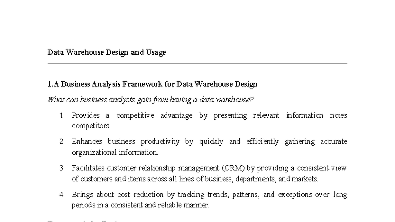 Data Warehouse Design & Usage: A Comprehensive Business Framework - Studocu