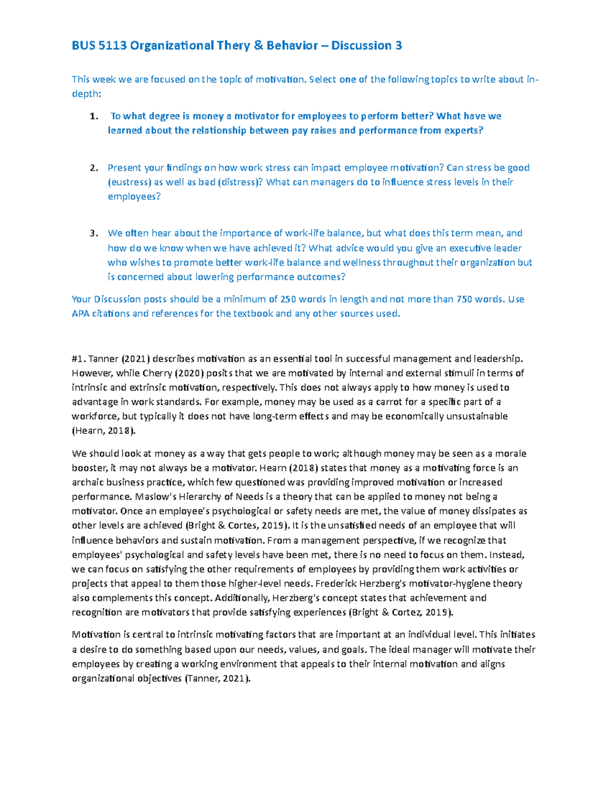 BUS 5113 - Discussion 3: Exploring Motivation Factors in the Workplace ...