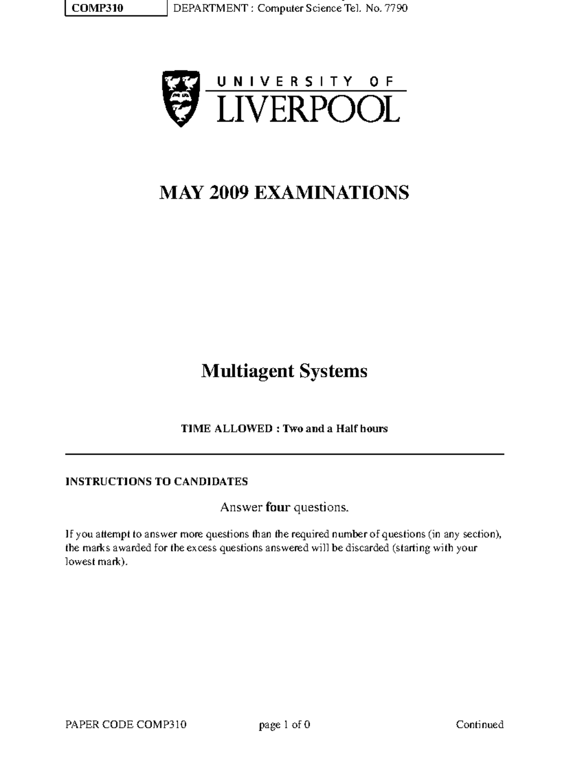 COMP310 Final Exam: Multiagent Systems Analysis and Control Loops - Studocu