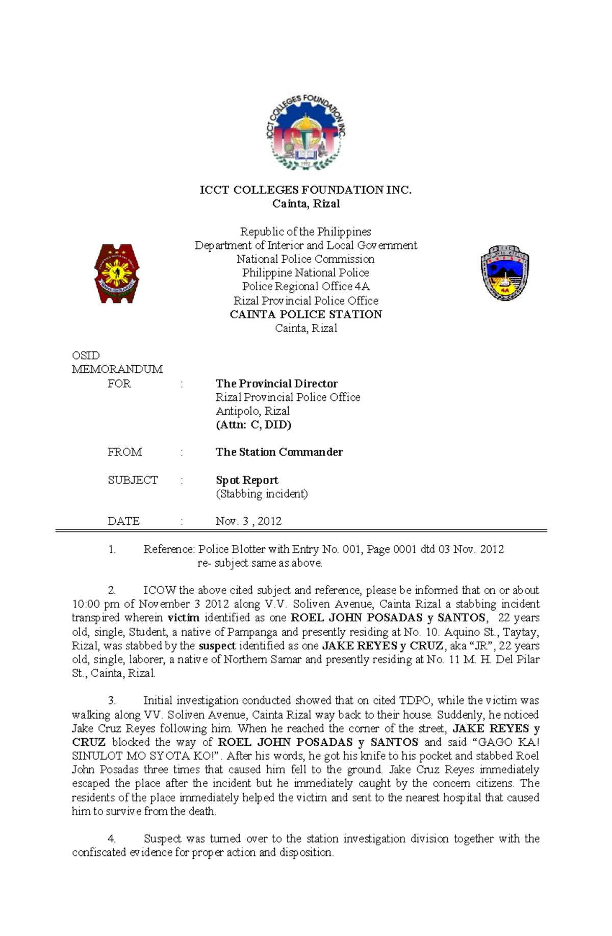 Incident Example Of Spot Report