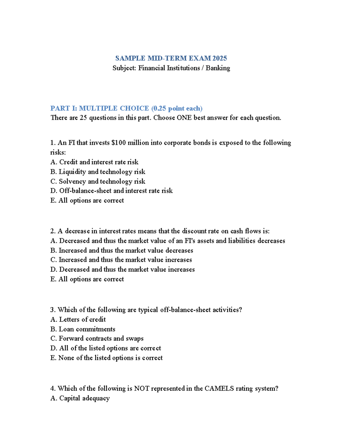 SAMPLE MIDTERM EXAM 2025: Financial Institutions Banking - Studocu