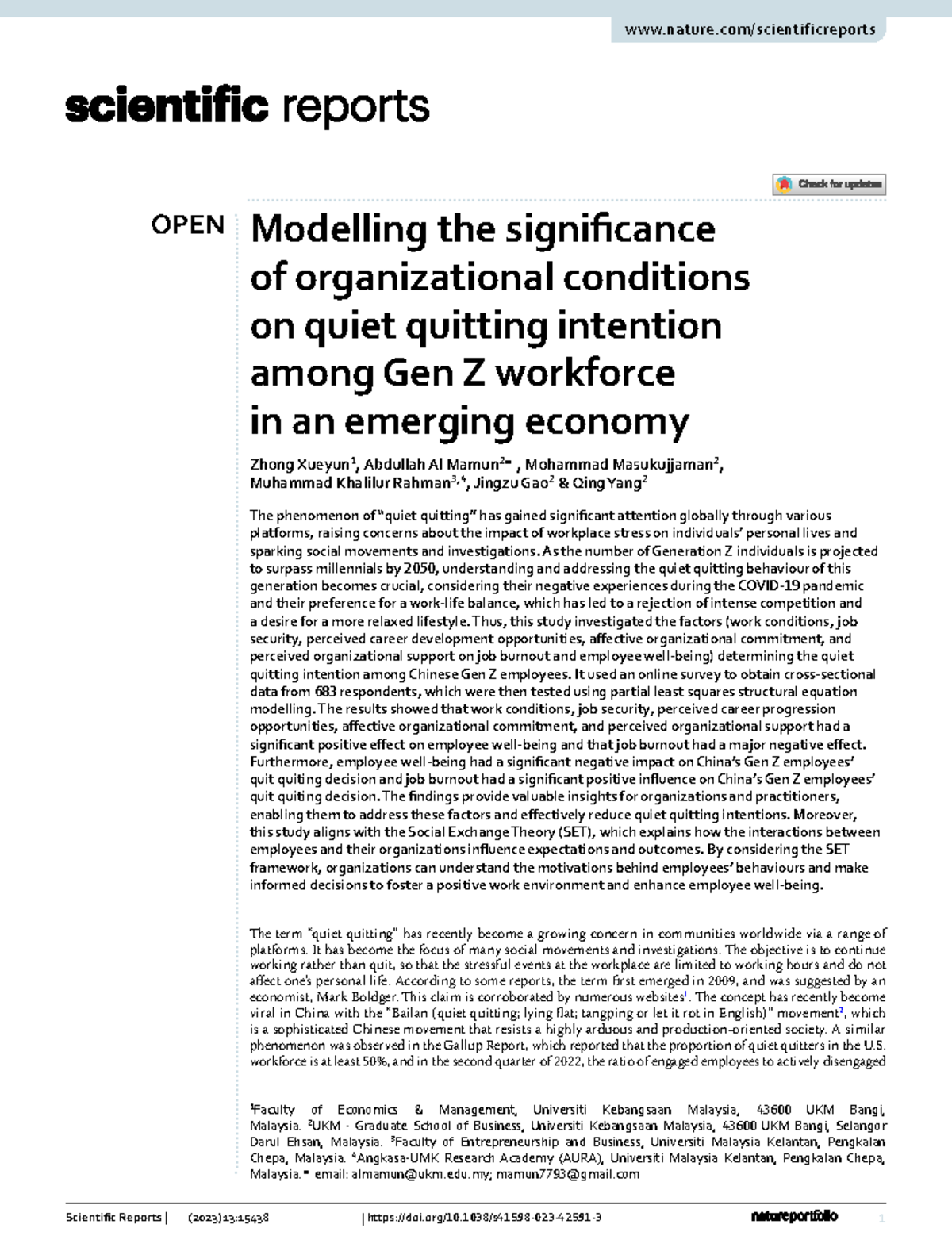 Modeling Organizational Factors Influencing Quiet Quitting among Gen Z ...