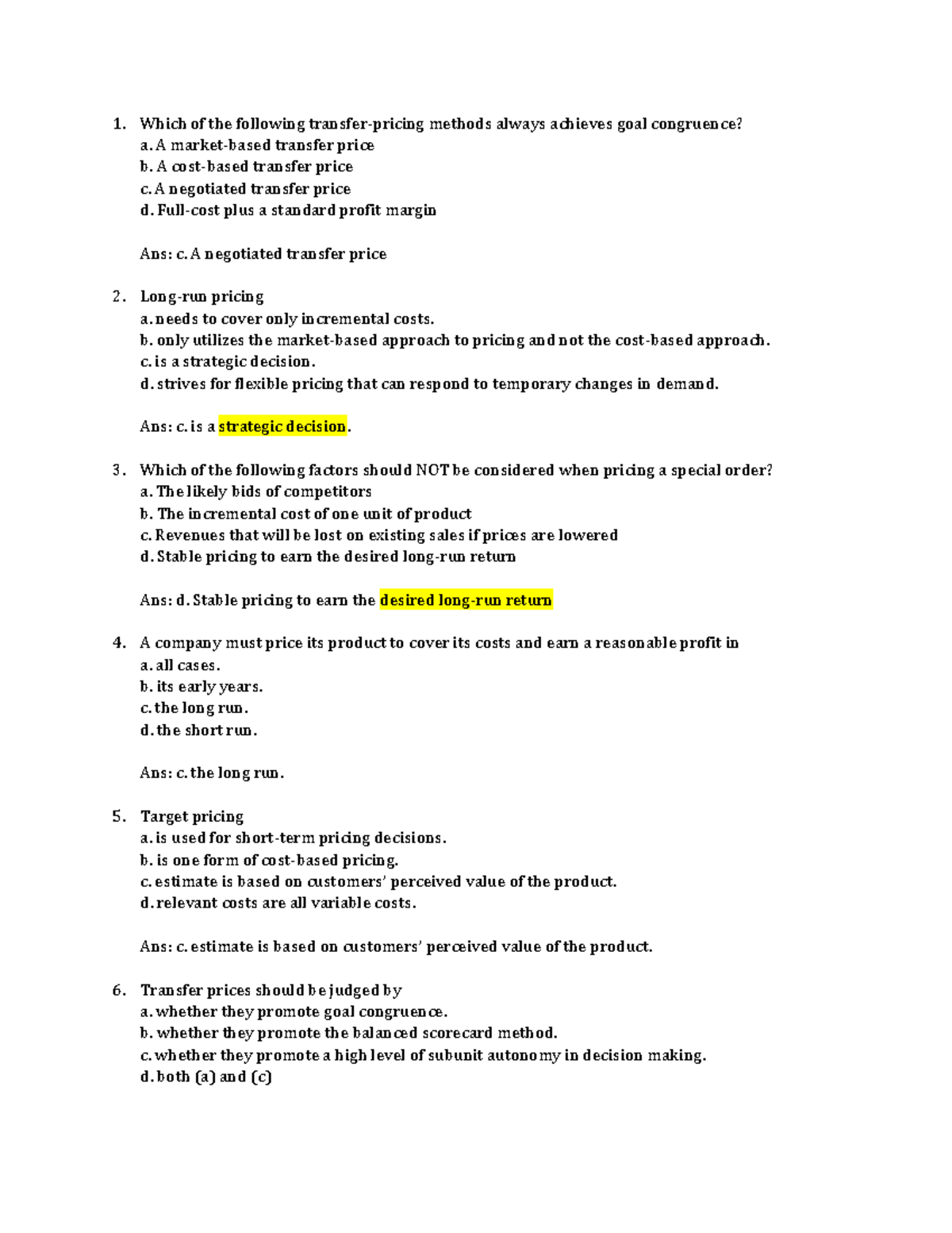 MS Sample Questions - PB: Pricing Strategies and Transfer Pricing ...