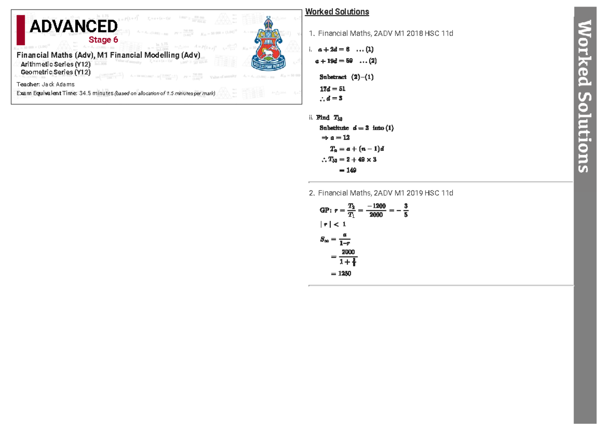 Worked Solutions for ADV Stage 6 Financial Maths (Adv) 2ADV M1 HSC ...